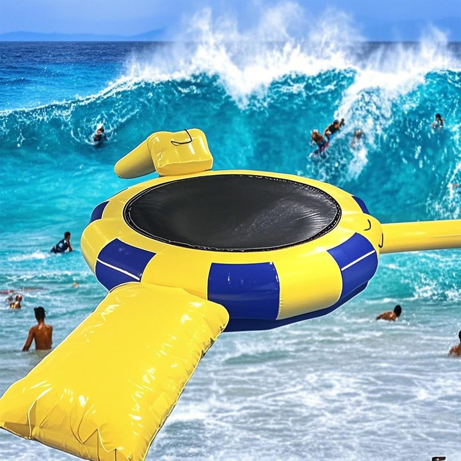 Inflatable Water Trampoline, Lake Trampoline, Water park/10ft 13ft 16ft, Adult Floating Bed (with 4-Step Rope Ladder), Slide, Jumping Bag, Inflatable Bouncing Platform (Blue Yellow, 16FT/5M)