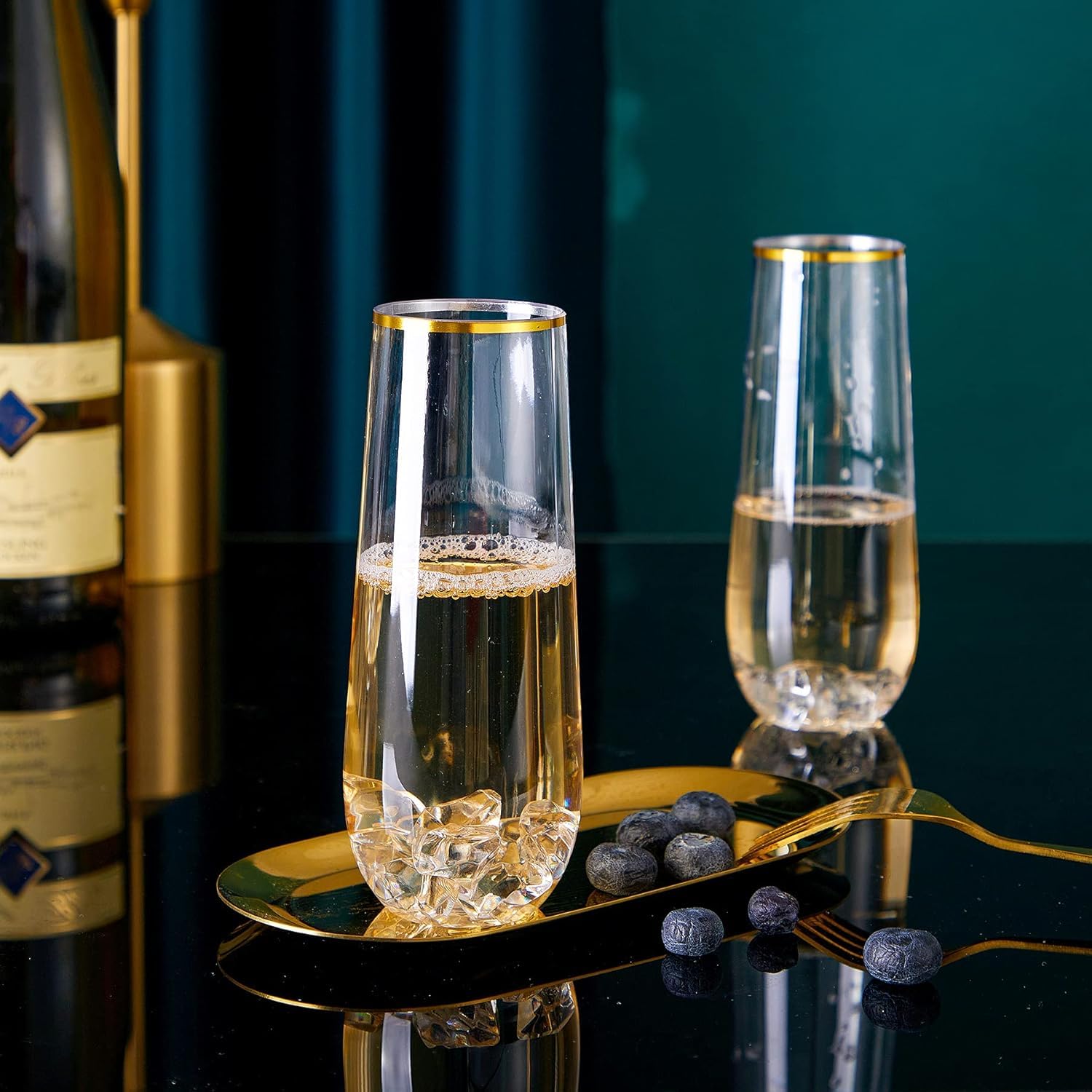 N9R Paquete de 36 copas de champán de plástico, 9 onzas sin tallo desechables, con borde dorado, copas de cóctel transparentes para bebidas, irrompibles, ideales para fiestas, bodas, cumpleaños