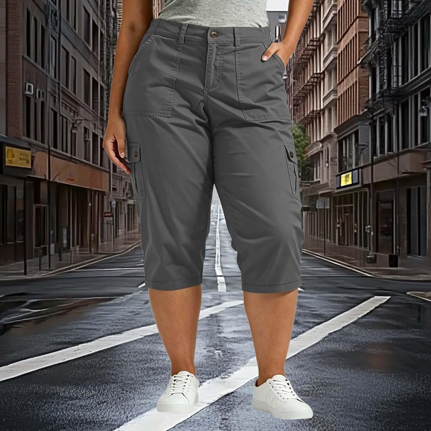 Plus Size Cargo Capris for Women High Waisted Pant Elastic Back Casual Outdoor Hiking Cropped Pants with Pockets