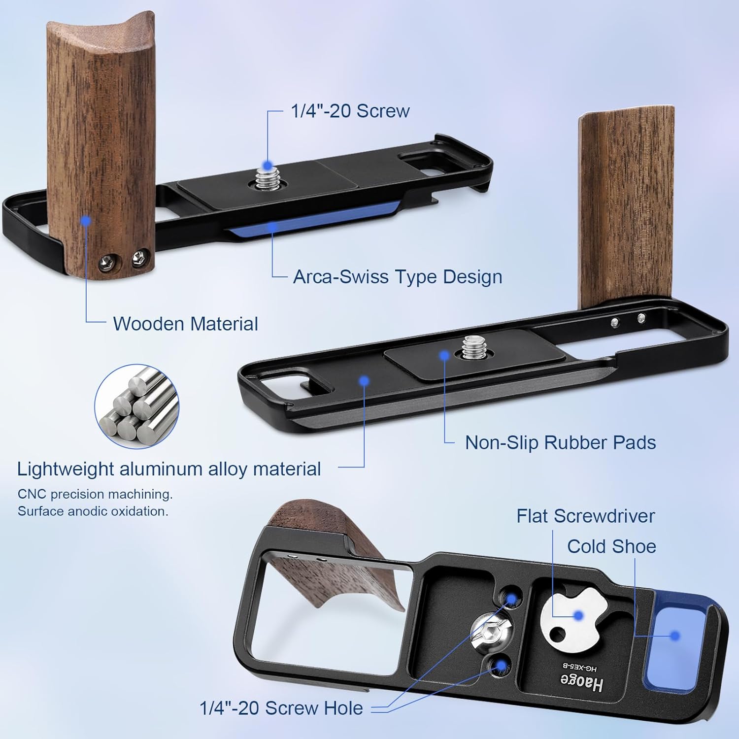 Haoge X-E5 Grip Wooden Side Handle for Fujifilm XE5 Camera - L-Shape Retro Premium Wood Grip with Quick Release Plate, Extra Tripod 1/4 Hole & Hot Shoe Hole Black HG-XE5-B - Image 4