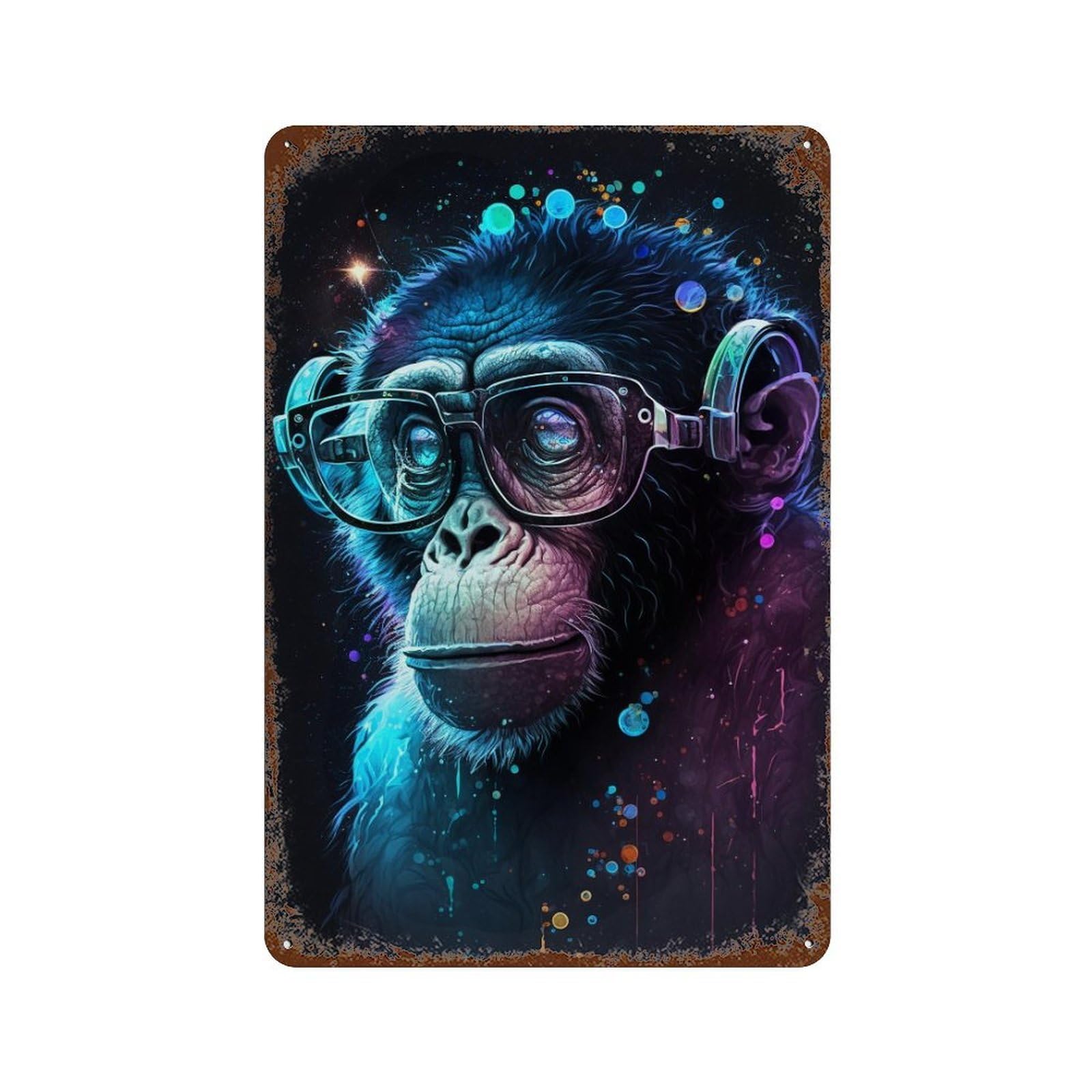 Chimpanzee with Glasses Art Print-2 11.8"x7.9" Rust Effect Tin Sign, Old School Wall Decor for Pub, Kitchen And Man Cave Decor