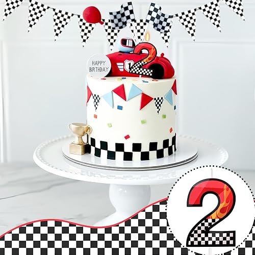 Vista 4 de Vela de cumpleaños de coche para pastel, dos velas con temática rápida número 2, decoración de fiesta de ruedas de coche de carreras
