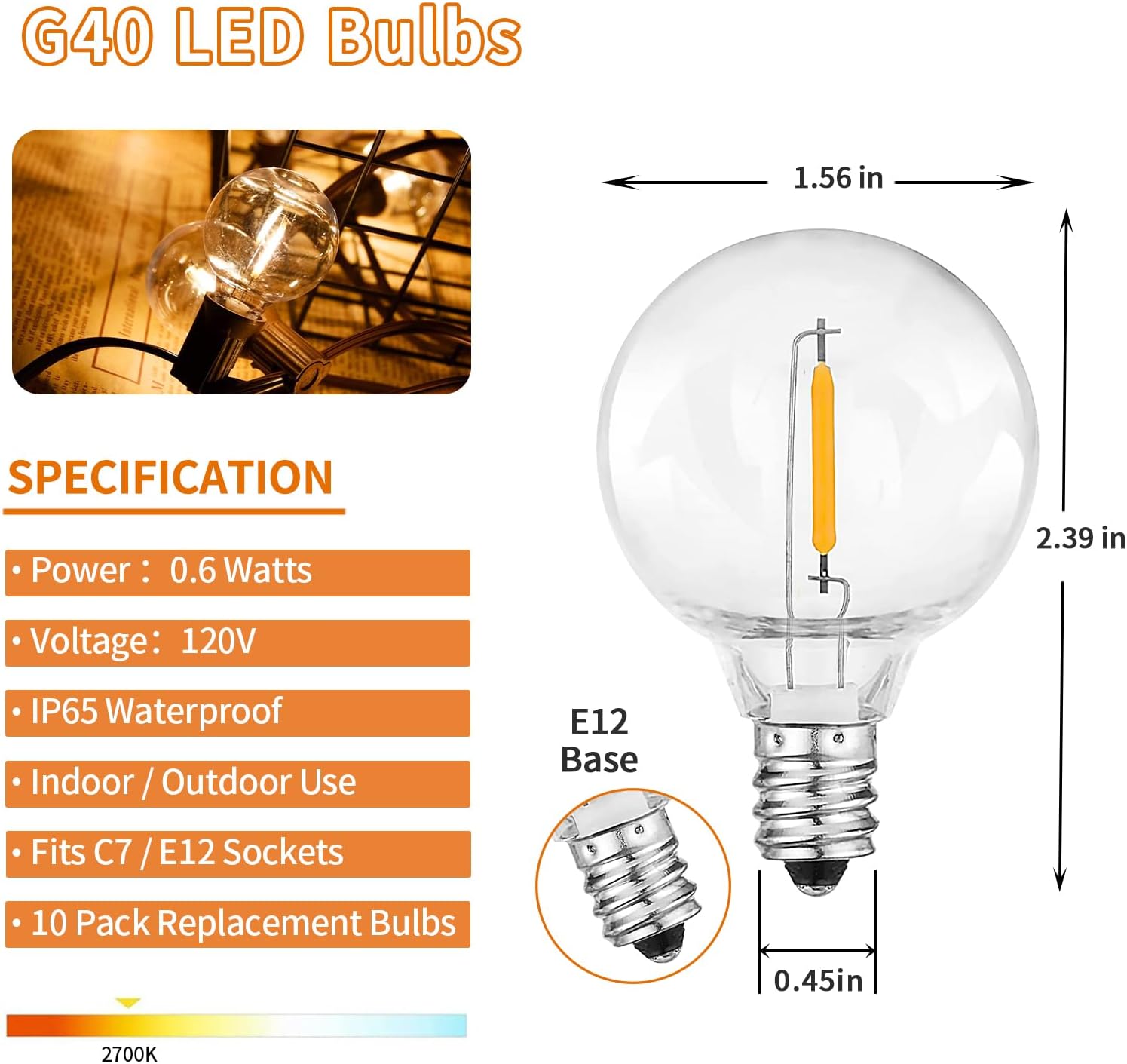 G40 LED Replacement Bulbs 10 Pack, Shatterproof Dimmable Clear Globe for Outdoor String Lights & Indoor Decor, 2700K Warm White Fits E12/C7 Base, Perfect for Patio Cafe Porch Holiday