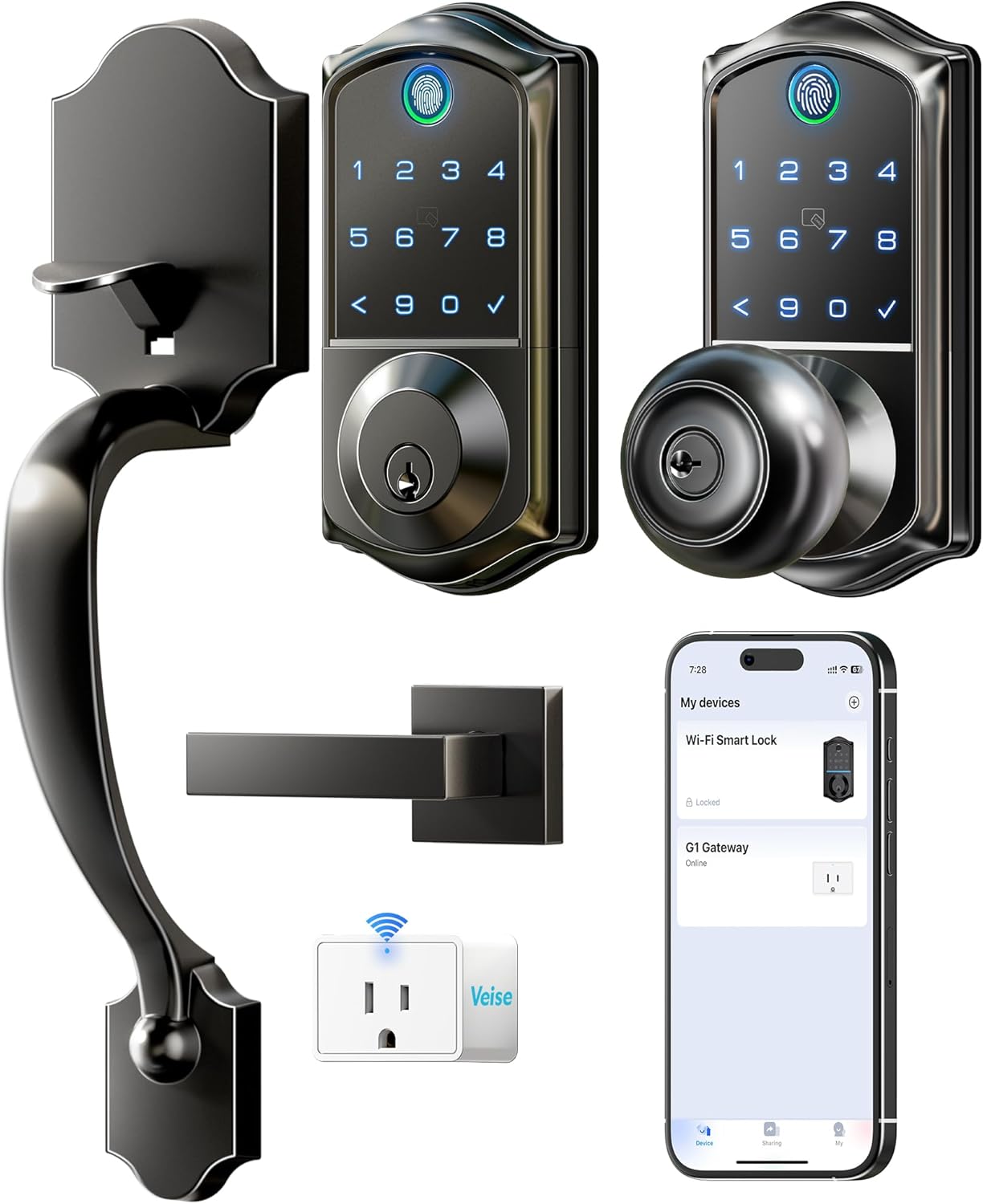 Veise VE017G-H + VE018 Wi-Fi Smart Fingerprint Front Door Lock Set, Remote App Control, Alexa Compatible, Auto Lock, Easy to Install