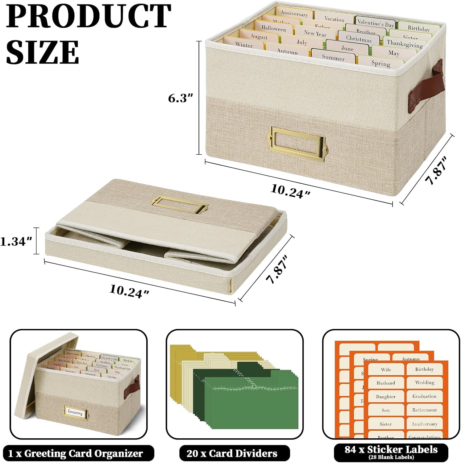 Vienrose Greeting Card Organizer Box with 20 Removable Dividers, 84 Self-Adhesive Labels, Foldable Storage Box Great for Greeting Cards, Photos, Envelopes, Stickers, Postcards Beige&Khaki