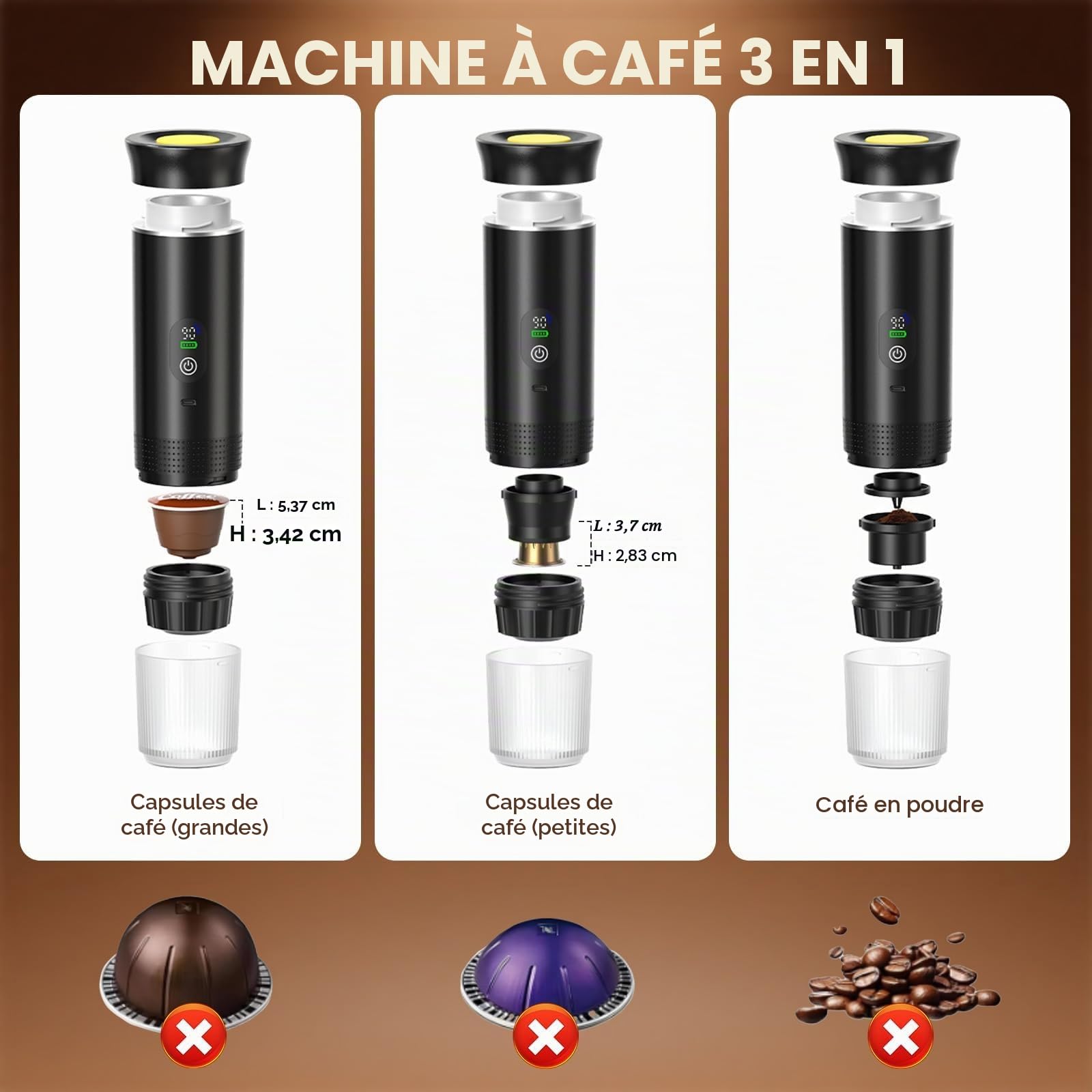 Cafetière Portative 3-en-1, Écran de Température Intelligente, Chauffage Rapide 80ml, Pression 20 Bars, Compatible Capsules et Café Moulu, 7500mAh USB-C, Idéale Voyage et Bureau (Noir 2025)
