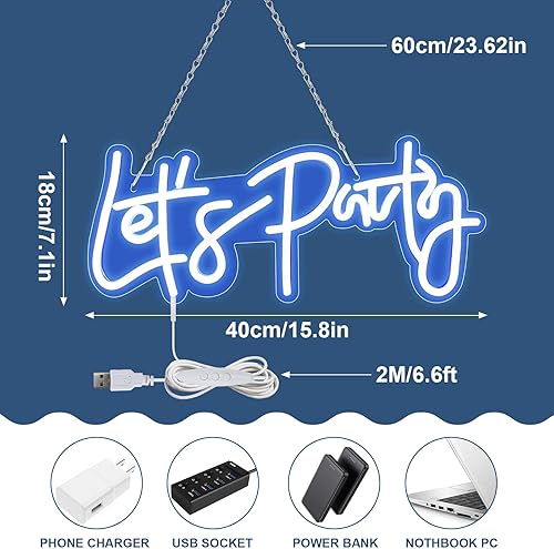 Miniatura 7 de Letrero de neón regulable Lets Party, letreros de neón para decoración de pared, 5 letreros de luz LED USB de brillo para boda, fiesta de