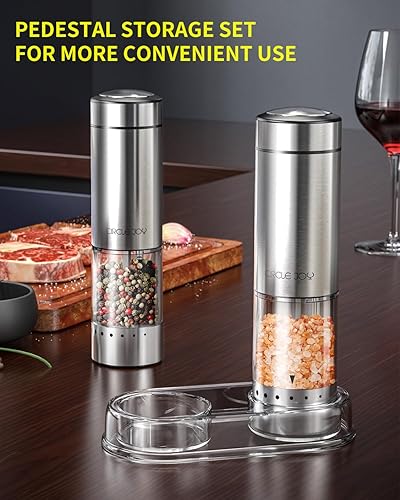 Miniatura 5 de CIRCLE JOY Juego de molinillo eléctrico de sal y pimienta a pilas con base, molinos de pimienta de acero inoxidable con recipiente de 3.2 fl oz, luz
