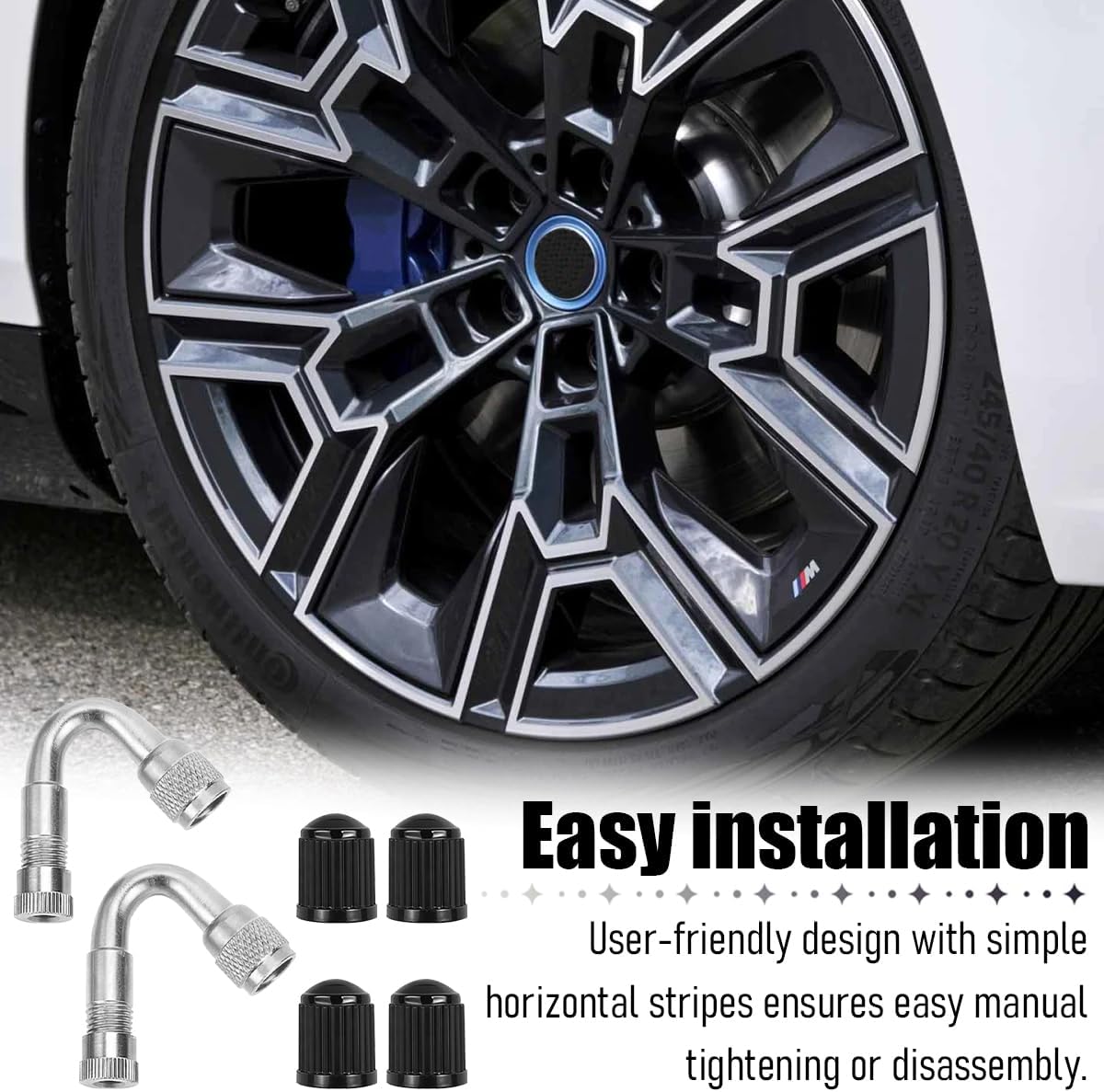 Car Tire Valve Stem Extenders, 4PCS 45 Degree Vehicle Wheel Valve Extension Adaptor, Automotive Tire Air Stem Inflator Nozzle Extender, Universal for Truck Motorcycle Automobile (Silver)