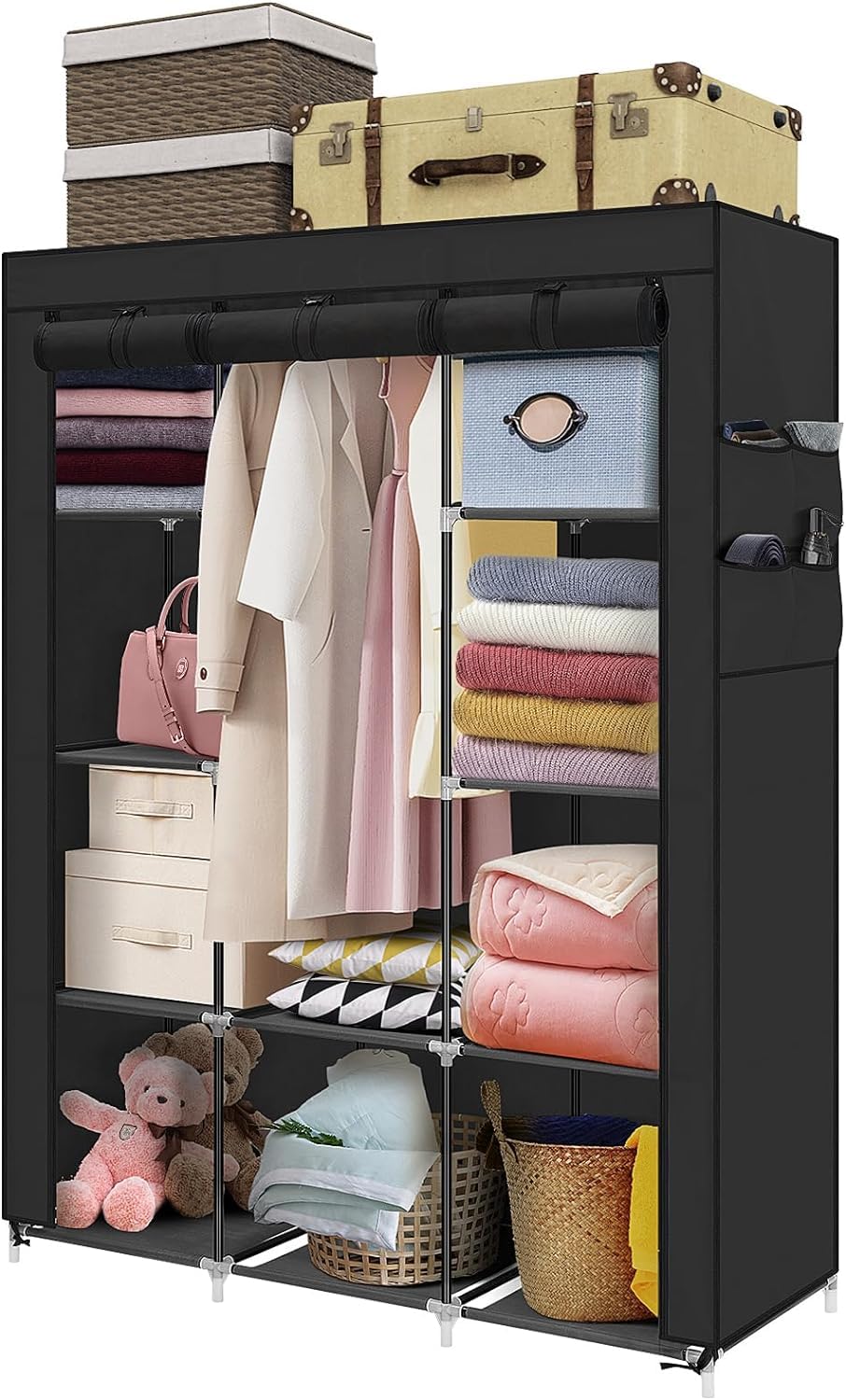 Canvas Wardrobe for Bedroom, Fabric Wardrobe Clothes Storage with 6 Shelves and Hanging Rail, Upgraded fabric wardrobe with 4 Side Pockets (Black)