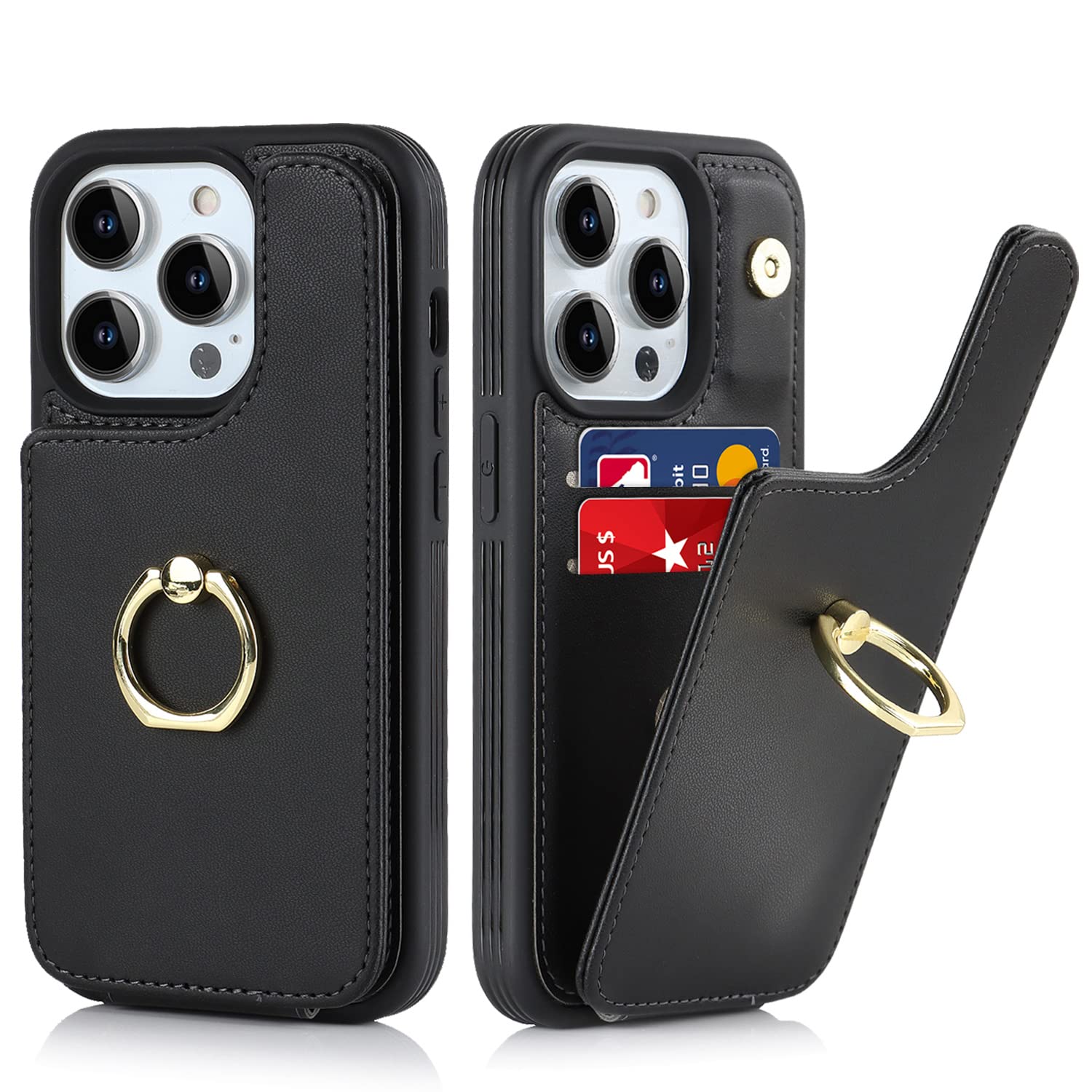 Custodia a portafoglio per iPhone 13 Pro, realizzata a mano in vera pelle bovina porta carte di credito con cavalletto magnetico per iPhone 13 Pro, colore: Nero