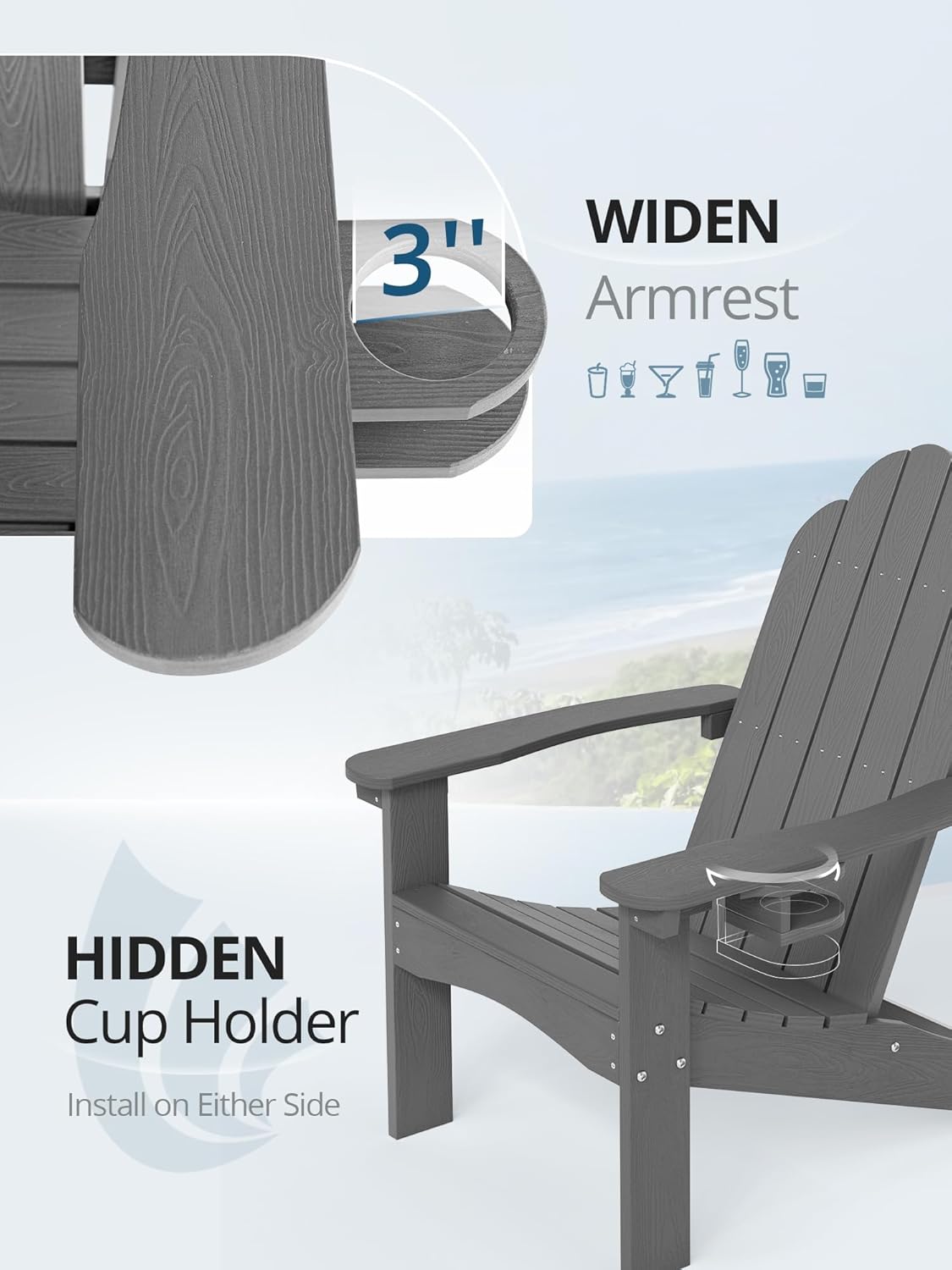 LUE BONA Matte HDPE Adirondack Chairs Set of 4 - Weather Resistant Seating with Cup Holder for Patio, Fire Pit, Deck & Cafe Patio, Dark Gray