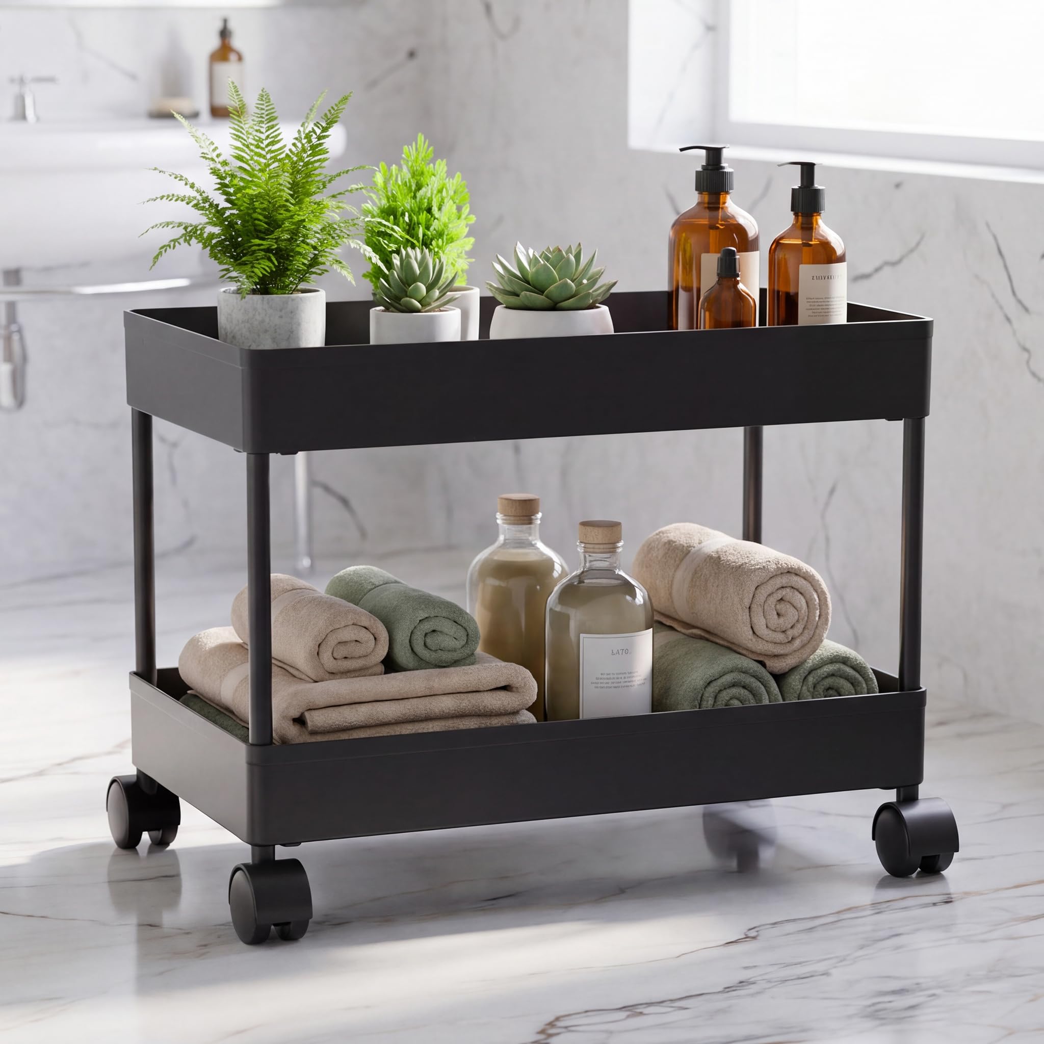 TEX-RO Plastic Storage Rack for Bedroom | Shelf for Bedroom | Bathroom Storage Rack | Trolley for Kitchen Storage | Multipurpose Storage Rack (Black, 2 Layer)-image-12