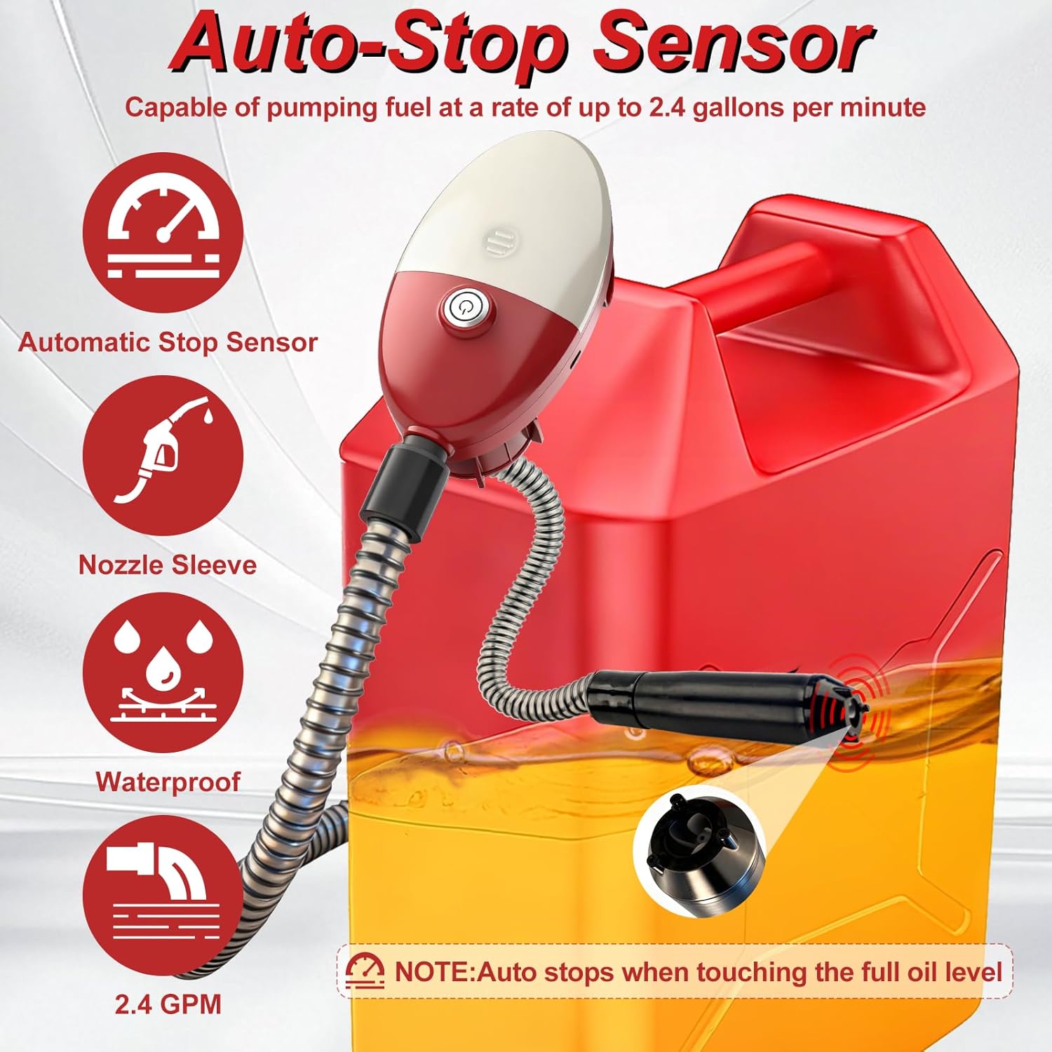 Automatic Portable Fuel Transfer Pump with Auto-Stop, 2.4 Gallon per minute, Extra Long Hose, Battery Powered and USB Type-c, 3 Can Adapters and Leak protection, Gas Pump for Oil, Diesel and Gasoline