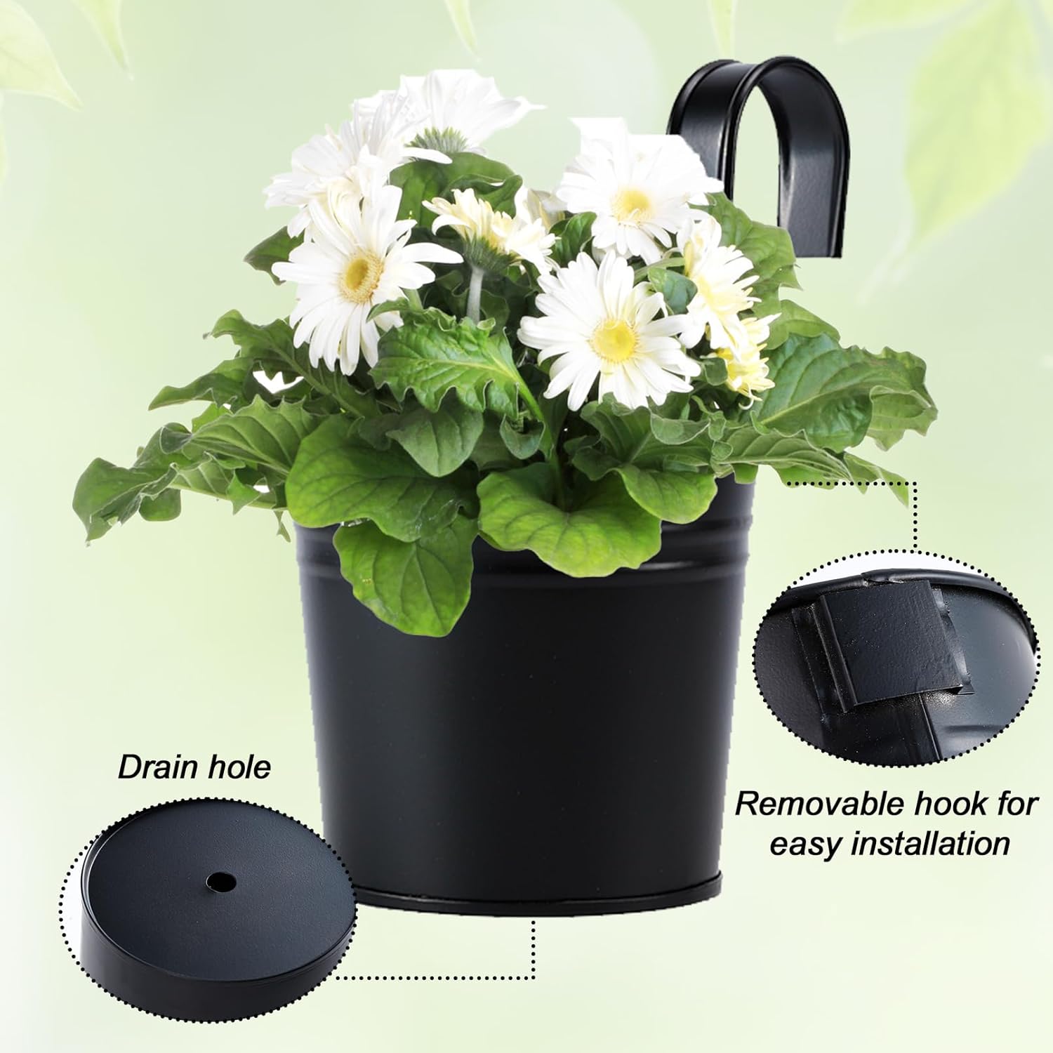 10 Pack Hanging Flower Pots, Metal Iron Bucket Planter, 4 Inches Railing Planter, Hanging Planters Flower Holder with Detachable Hook for Railing Fence Balcony Garden Home Decoration (Black)