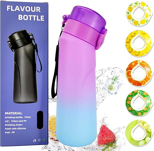 Napolju Botella de agua de aire con 5 cápsulas de sabor, botella de agua deportiva de 25.4 fl oz con pajilla, botellas a prueba de fugas, botella de