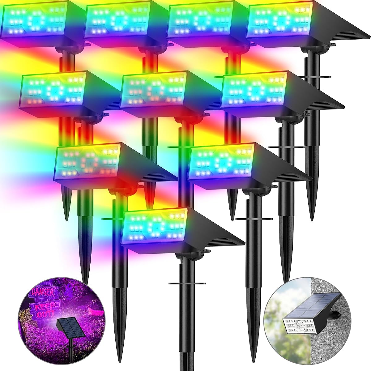 Solar Color Changing RGB Spot Lights Outdoor, 10 Pack/7 Lighting Modes | Multicolor Outdoor Lights for Yard Waterproof IP68, Halloween Christmas Solar Landscape Powered Lights Garden Pathway