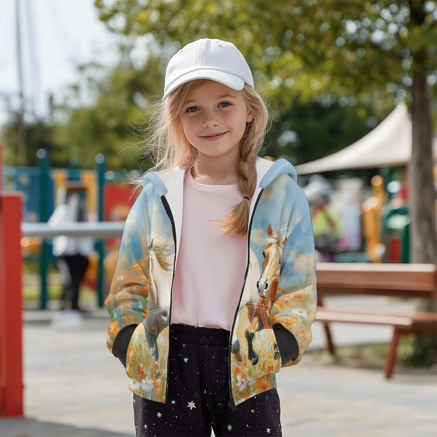 Gomyblomy Kids Zip Up Hoodie for Girls Boys Horse-theme Casual Fleece Jacket with Pockets Fall Winter Active Outerwear