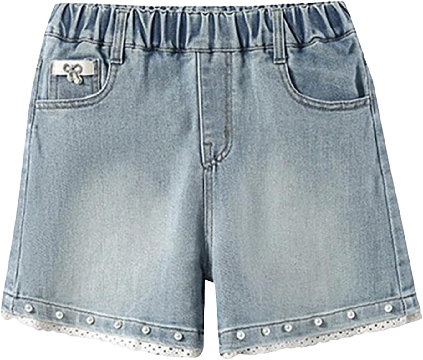 Girl's Denim Shorts Y2k Baggy Straight Leg Knee Length Jean Bermuda Shorts Bow Lace Design High Elastic Waisted Denim Uniform