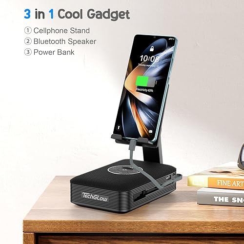 Miniatura 2 de TechGlow Soporte plegable para teléfono celular con altavoz Bluetooth y banco de energía de 10000 mAh, cables integrados, regalos de cumpleaños para