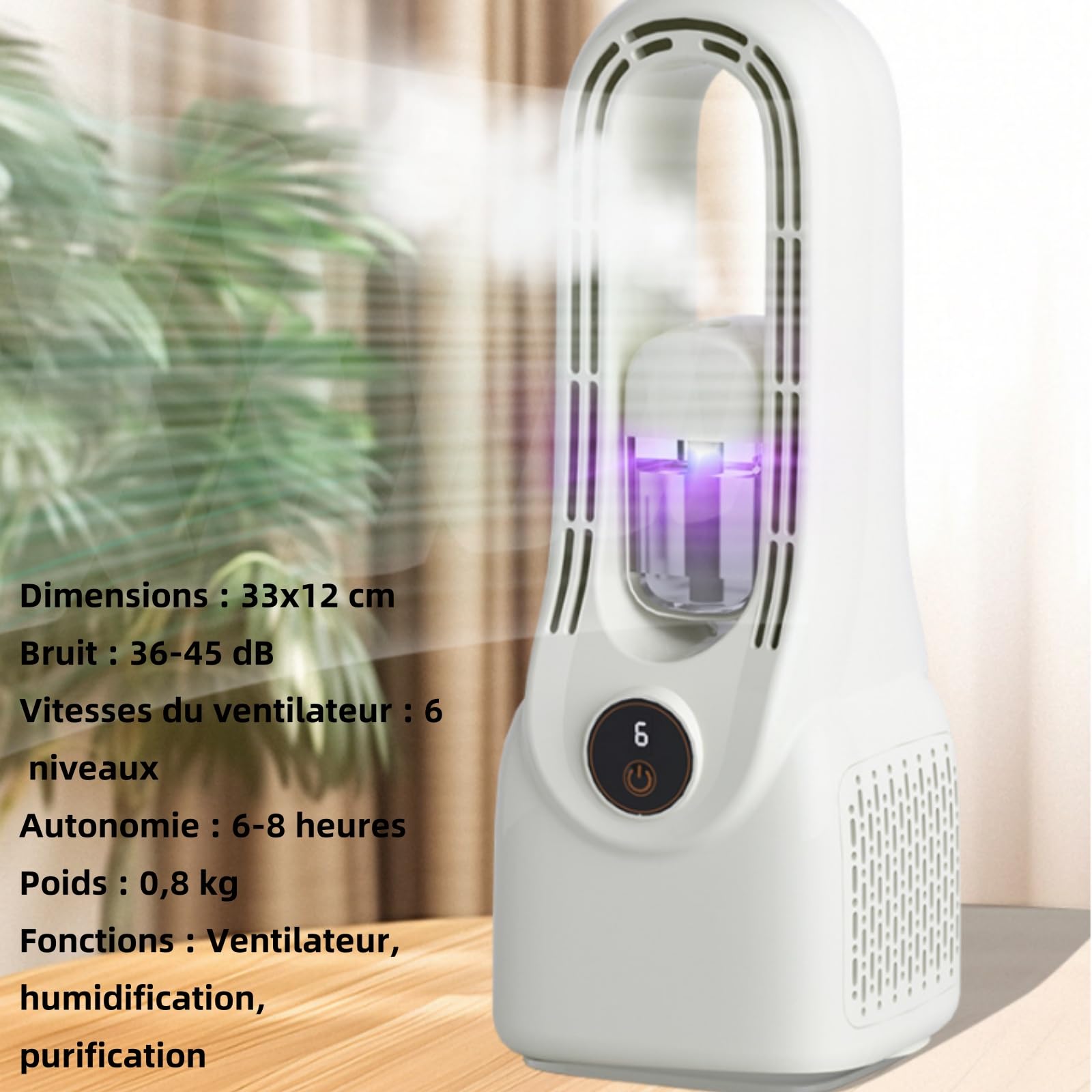 Purificateur d'Air 3-en-1 Portable, Ventilateur Humidificateur, Blanc, 33x12cm, 6 Vitesses, Batterie 6-8h, Écran LCD, Filtre Anti-Poussière, Chargement USB-C