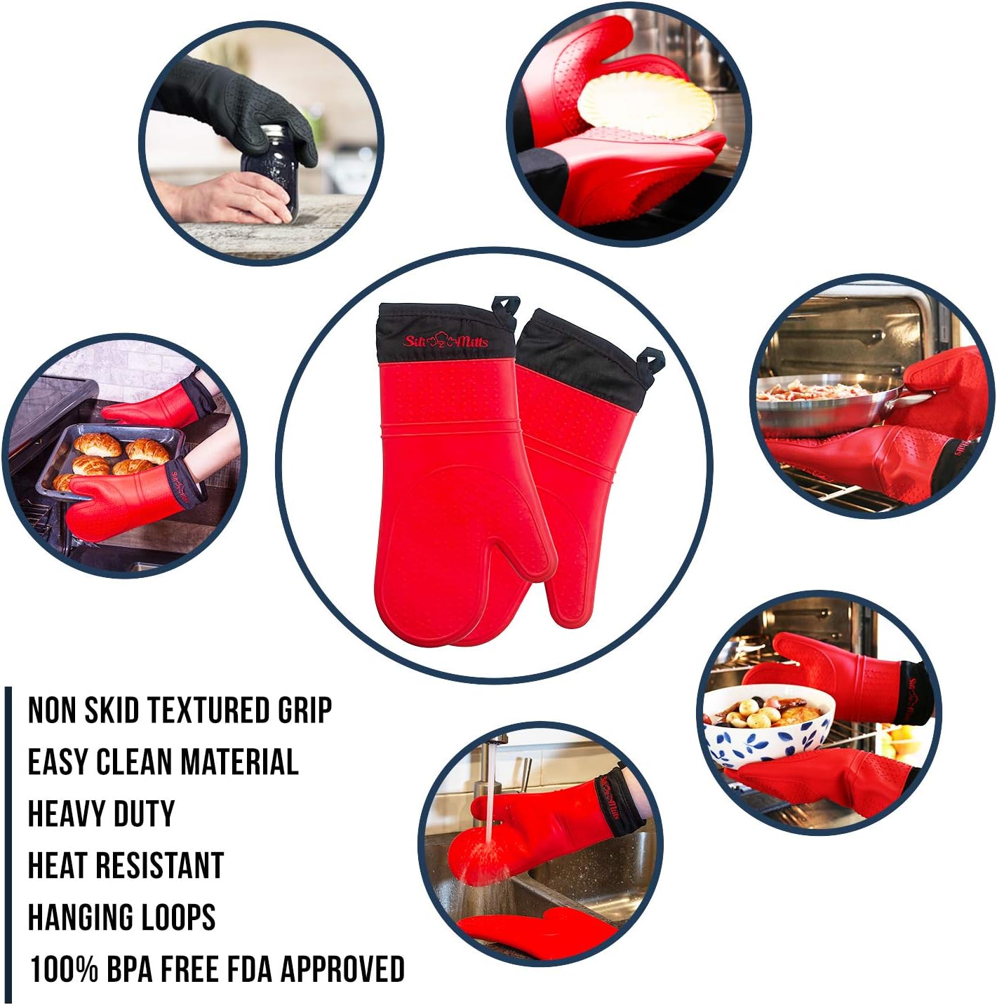 Silicone Oven Mitts Heat Resistant 500 Degrees - 2 Extra Long Silicone Oven Mitt Pot Holders - Food Safe Oven Gloves - BPA Free - Soft Inner Lining - (Red) - Frux Sili Mitts