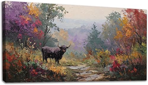Miniatura 9 de 20"x 40" Fall Canvas Wall Art Highland Cow Vintage Vintage Landscape Autumn Rustic Framed Pictures Painting Print Large Wall Art for Living Room