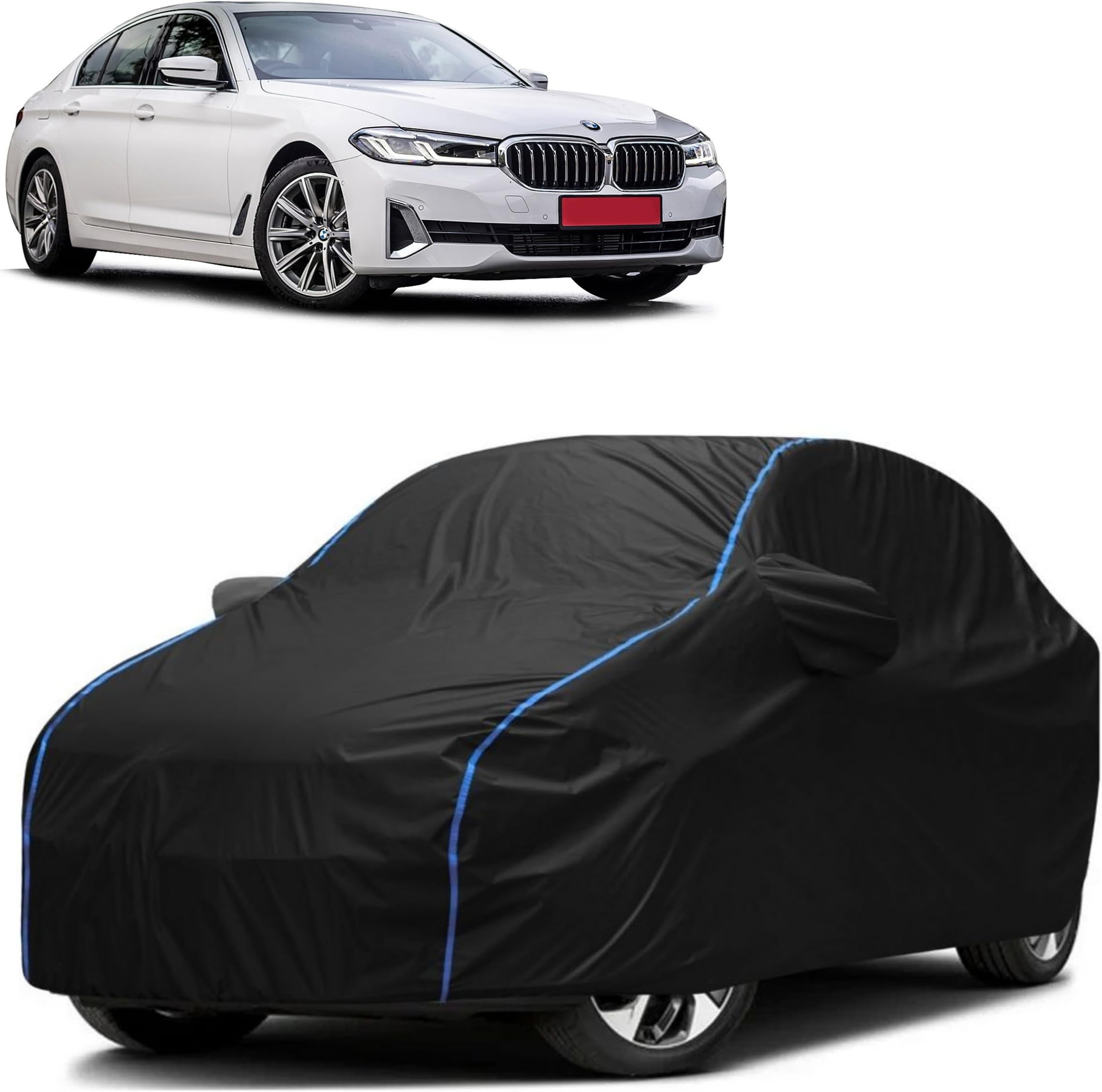 FAVY All Weather Resistant Car Body Cover Compatible with BMW 5 Series Scratch Proof, Anti-Dust, UV Protection with Windproof Buckle Strap and Mirror Pockets, Bottom Elastic Fitted-Black