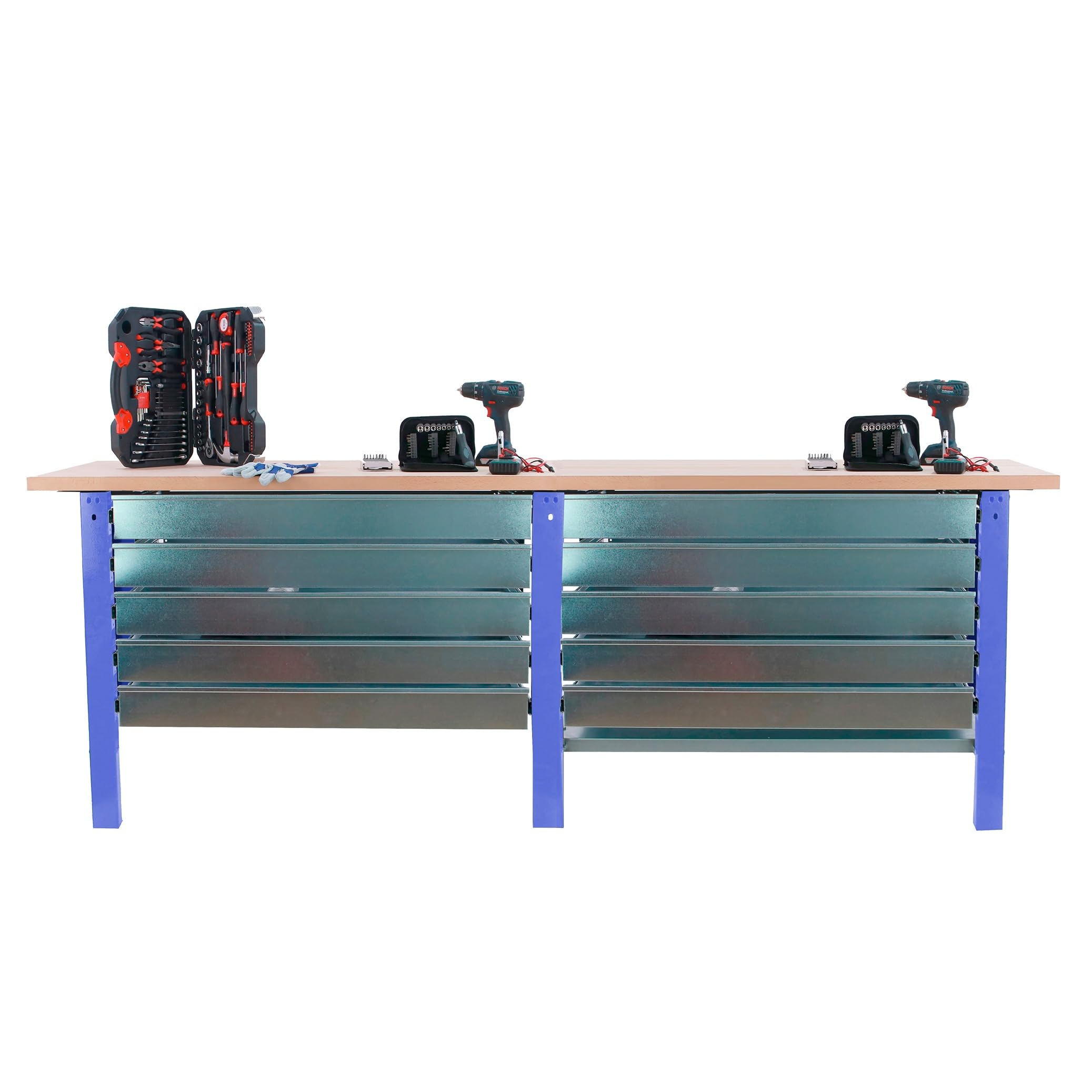 SimonRack Banco de Trabajo Taller Doble, Capacidad Carga 1000 kg, 865x2600x750 mm, 10 Cajones, Mesa de Trabajo, Azul/Haya - BT6 PRO