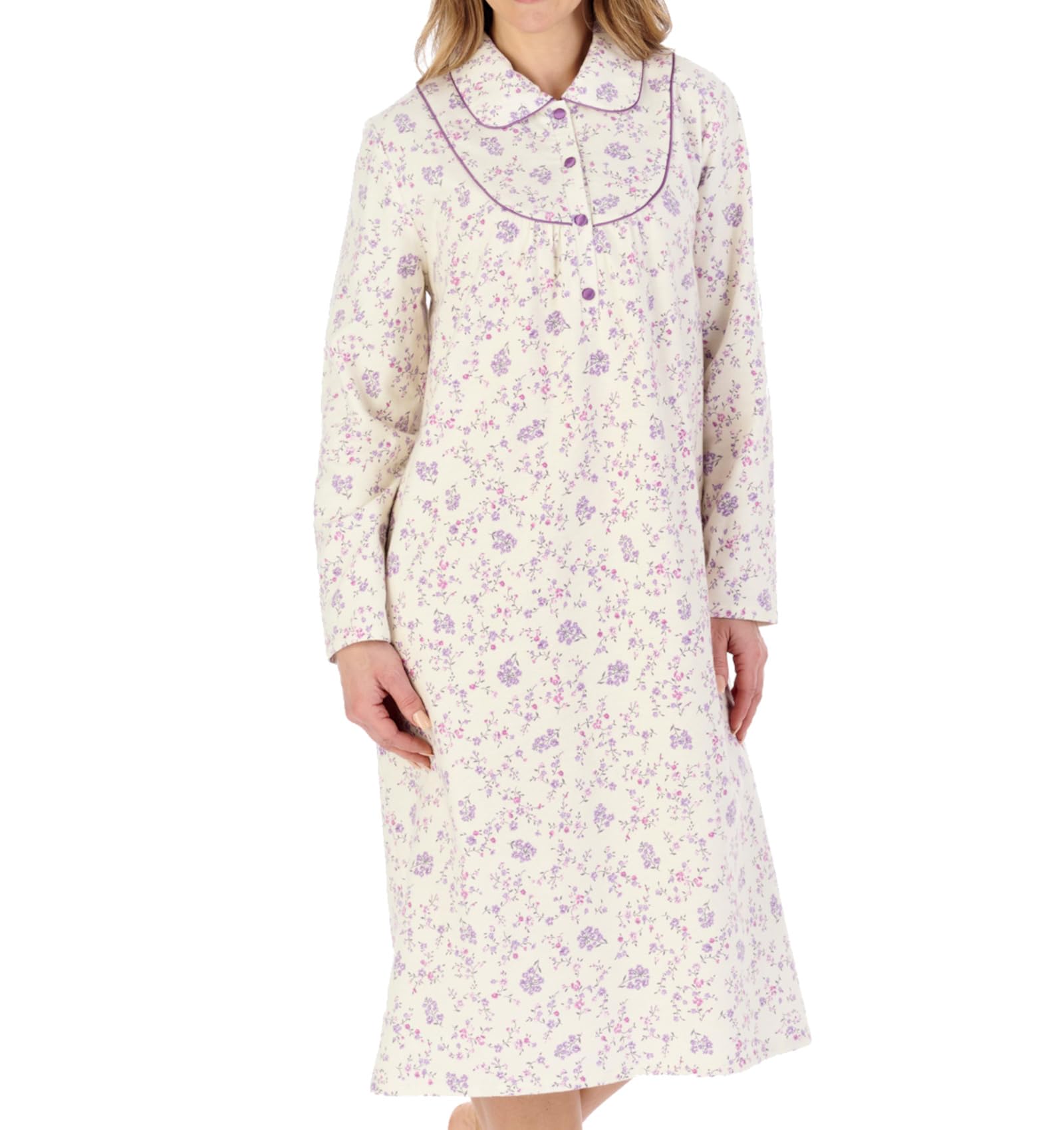 Slenderella Ladies Floral Flannel Nightdress Long Sleeve Peter Pan Collar Nightgown UK 28/30 (Cream)