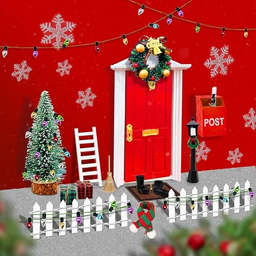 JCOOS Mini puerta de elfo rojo de madera navideña para pared, kit de puerta de hadas en miniatura, accesorios de casa de muñecas de Navidad, juego