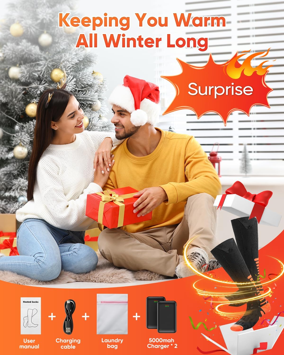 2026 Upgraded Heated Socks, 2×5000mAh 5V Rechargeable Heated Socks Gifts for Men Women, 3 Heat Level with 360° Heating Electric Socks, Valentines Day Gifts for Ski Hunting Hiking