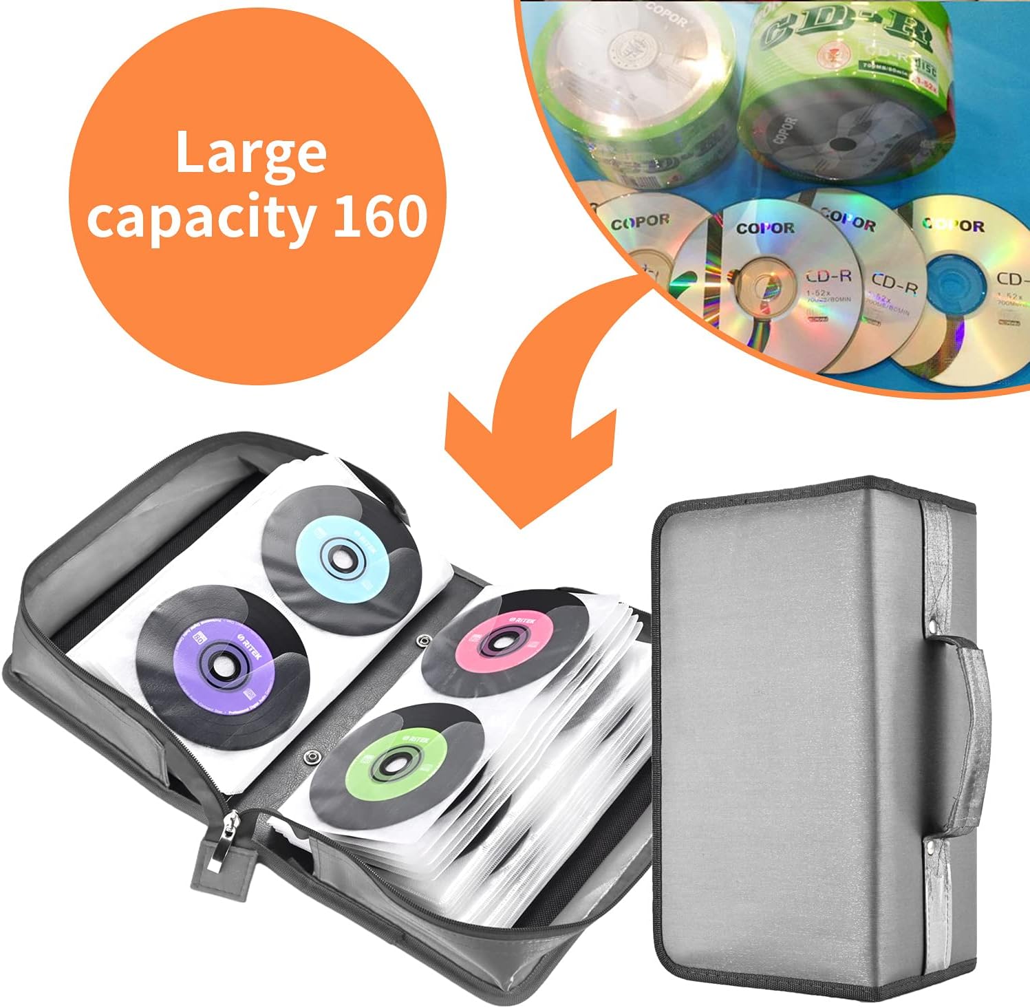 CD Case, UENTIP 160 Capacity Nylon CD/DVD Case CD Booklet Binder VCD Wallets Storage Organizer CD Wallets Storage Organizer for Car Home Travel (Gray)