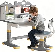 Kids Study Desk and Chair Set 3-12 - Height Adjustable Children Study Table | Ergonomic Chair | Widened Desktop | School Study Writing Art Desk with Bookstand and Storage Drawer for Boy &amp; Girl (Grey)