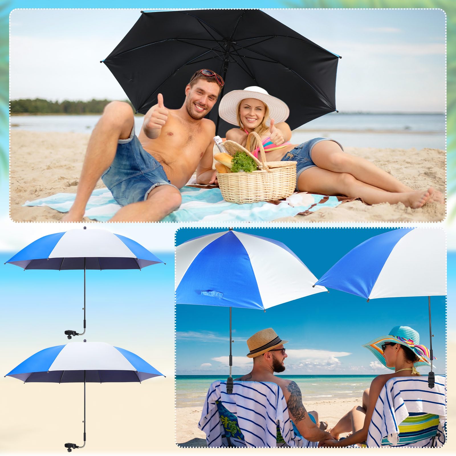 Hosuly 4 paraguas de silla de 46 pulgadas con abrazadera ajustable universal, protección solar, paraguas portátil para exteriores, silla de camping, patio, carritos de golf, no incluye silla