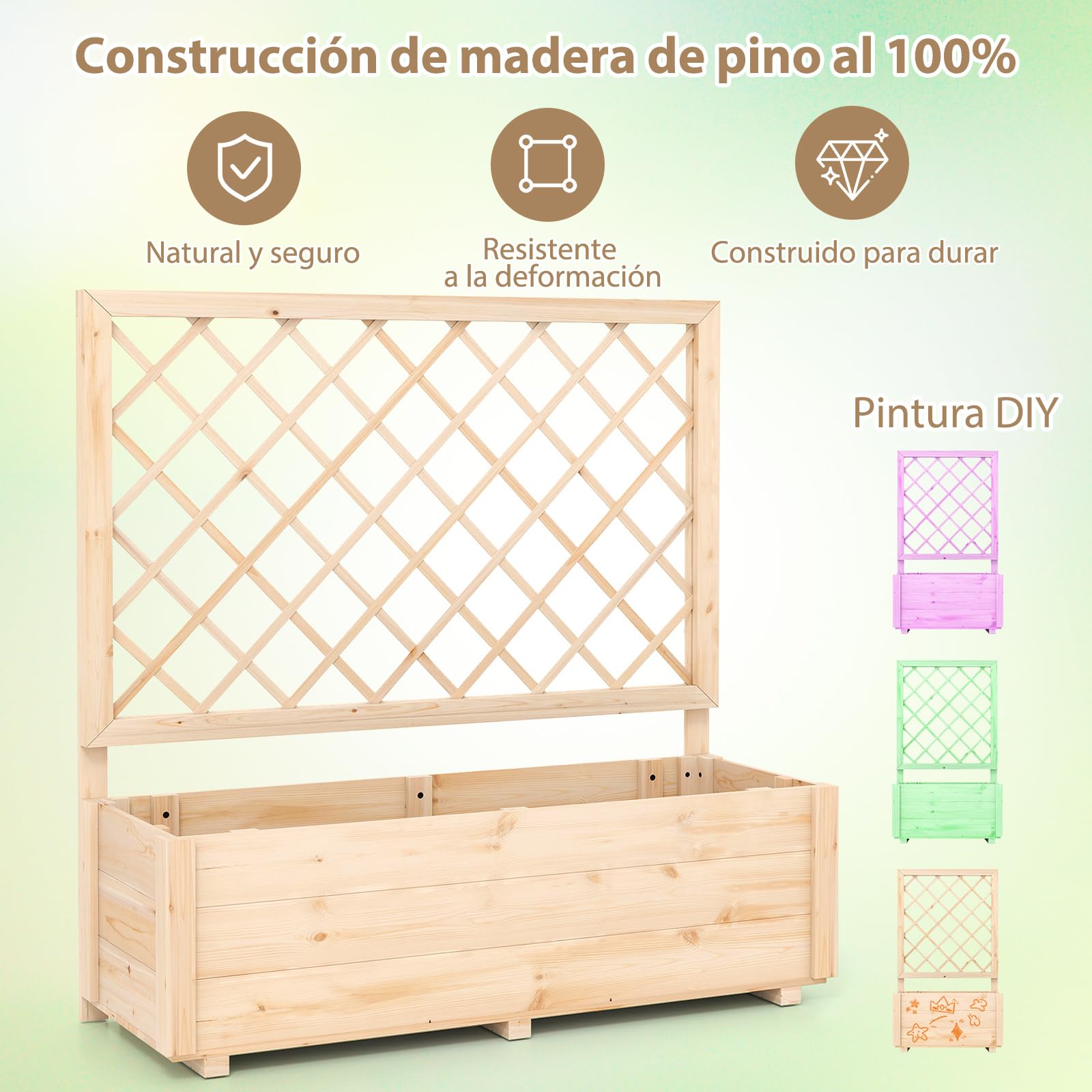 GOPLUS Jardinera Elevada de Madera, con Enrejado y Drenaje, Cama de Jardín para Enredaderas Flores, Hierbas, Verduras y Frutas, Maceta para Interior Exterior Patio Terraza (98x38x101cm)