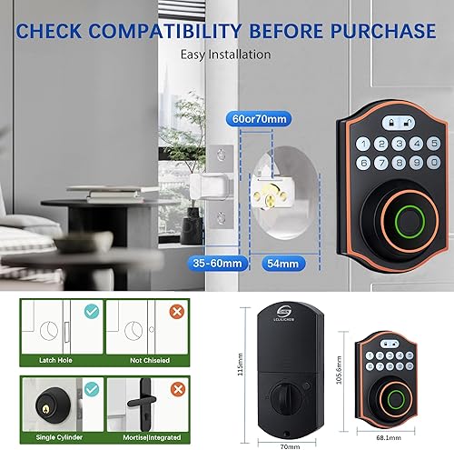 Miniatura 8 de Cerradura inteligente de puerta de huellas dactilares sin llave con control de aplicación, teclado antimirada, bloqueo automático, IP65 resistente a
