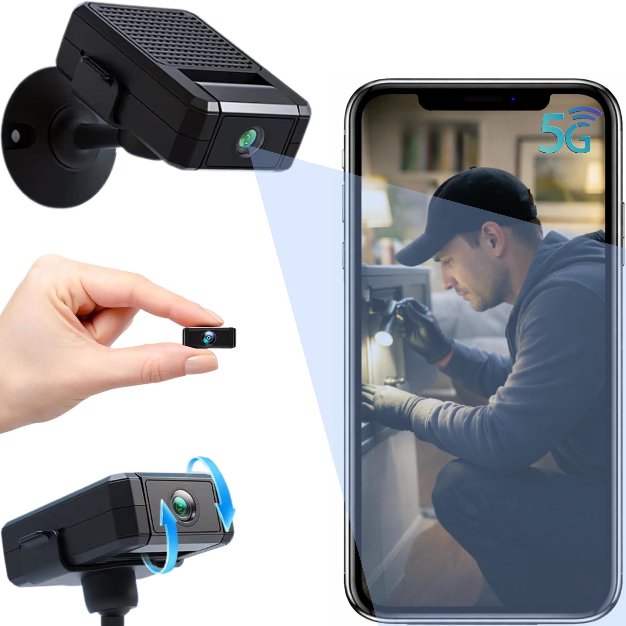 Mini Cámara Espía Oculta WiFi 5G, Vigilancia sin Cables | Lente Orientable 180º, Visión Nocturna Invisible, Detección Movimiento y Humano, Grabación en Bucle, Visualización Remota APP