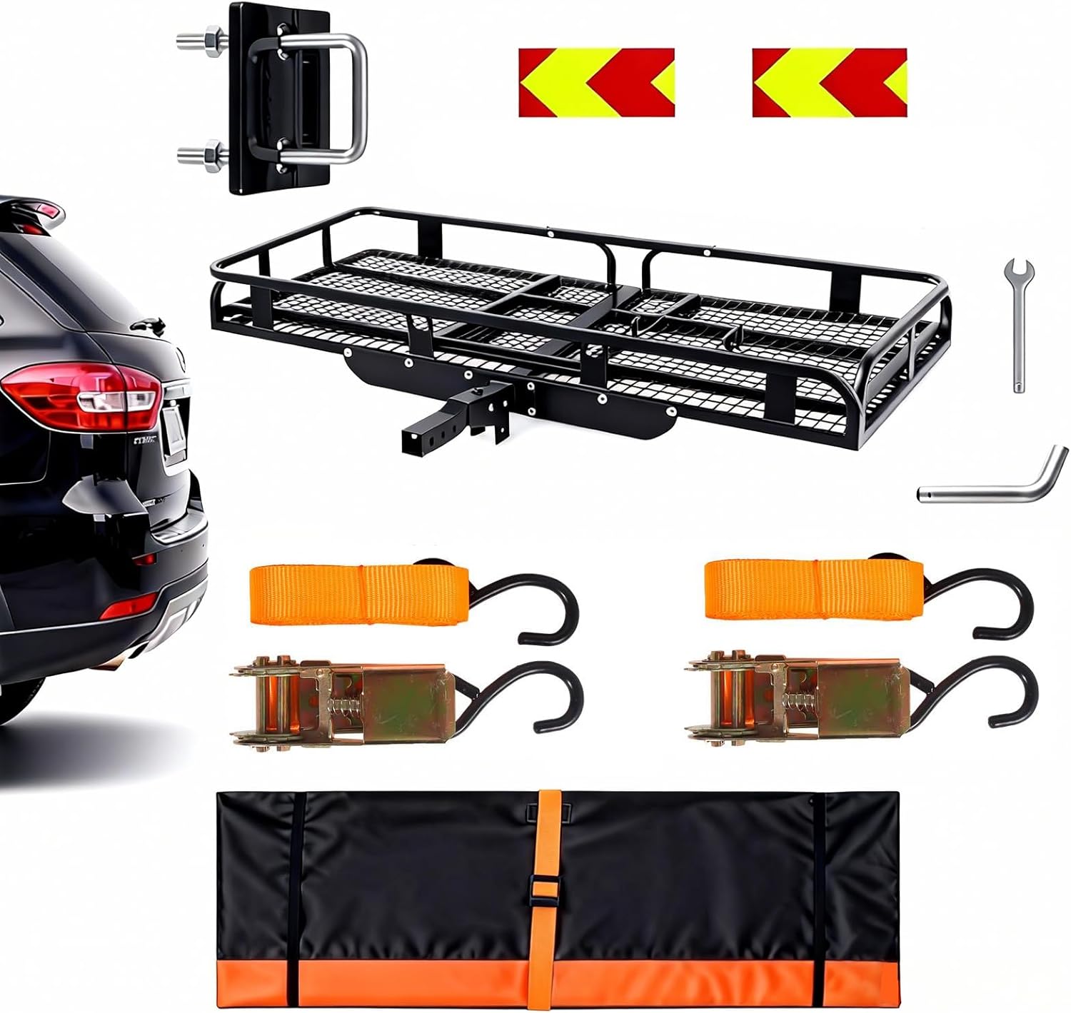 Mobility Scooter Carrier Fit 2" Receiver, Heavy Duty Folding Cargo Rack 1200 LBS - Foldable Ramp & 56x35x10Inch Basket, Rust-Proof for Trucks, Vans & Wheelchair Transport