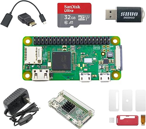 DIGISHUO Raspberry Pi Zero WH (inalámbrico) 8 en 1 Kit completo  Cabeceras GPIO presoldadas 1 GHz 512 M con dos cajas  Tarjeta 32G  Mini HDMI  Micro