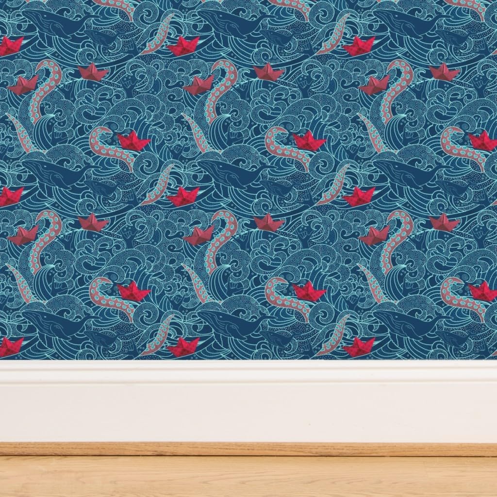 Spoonflower Commercial Grade Wallpaper Swatch - Octopus Ocean Small Print Japanese Hawaii Wave Nautical Traditional Wallpaper