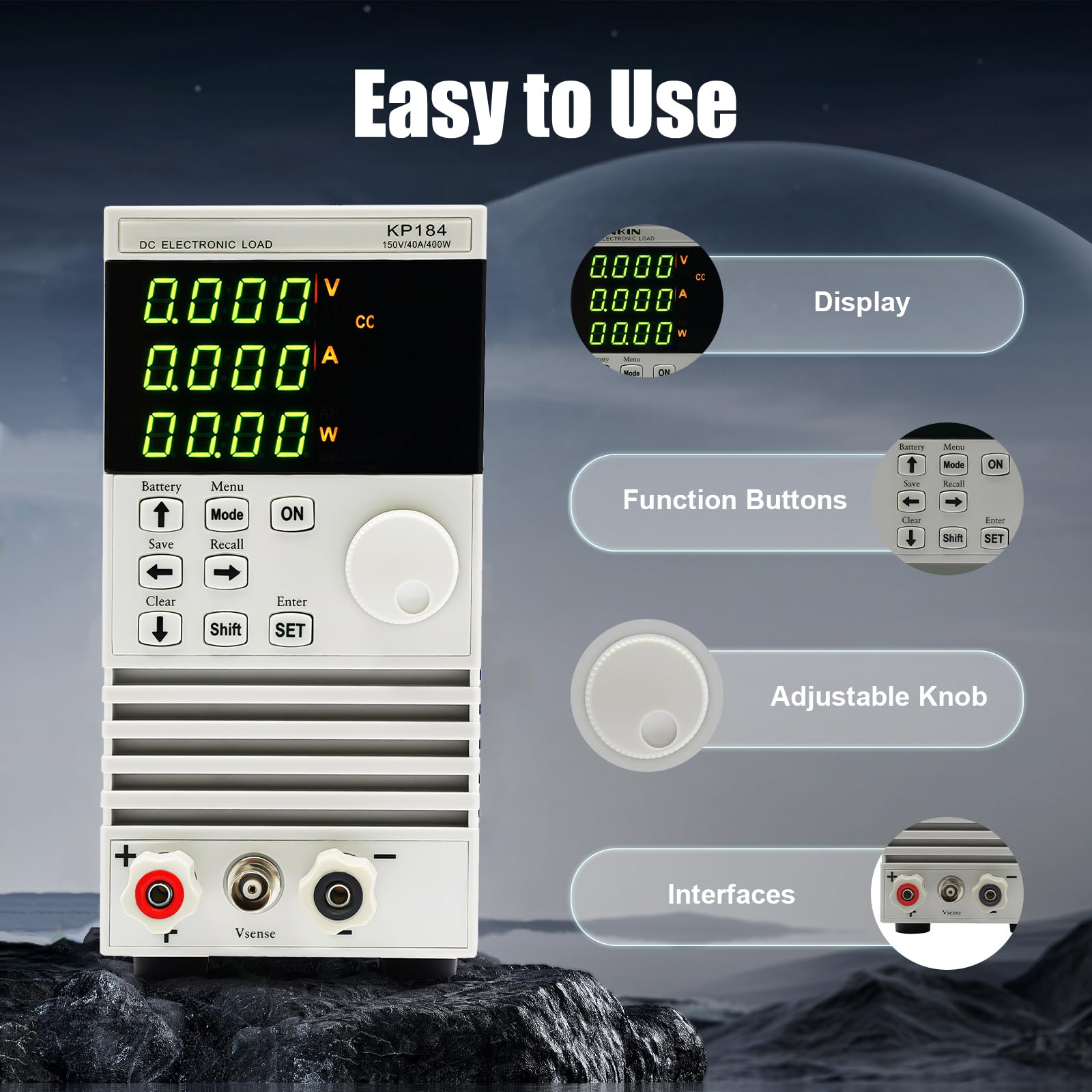 KP184 Single Channel DC Electronic Load Tester, comprobador de carga electrónico, 4 modos de carga (CC/CV/CW/CR), iluminación LED, fuente de alimentación, cargador y batería
