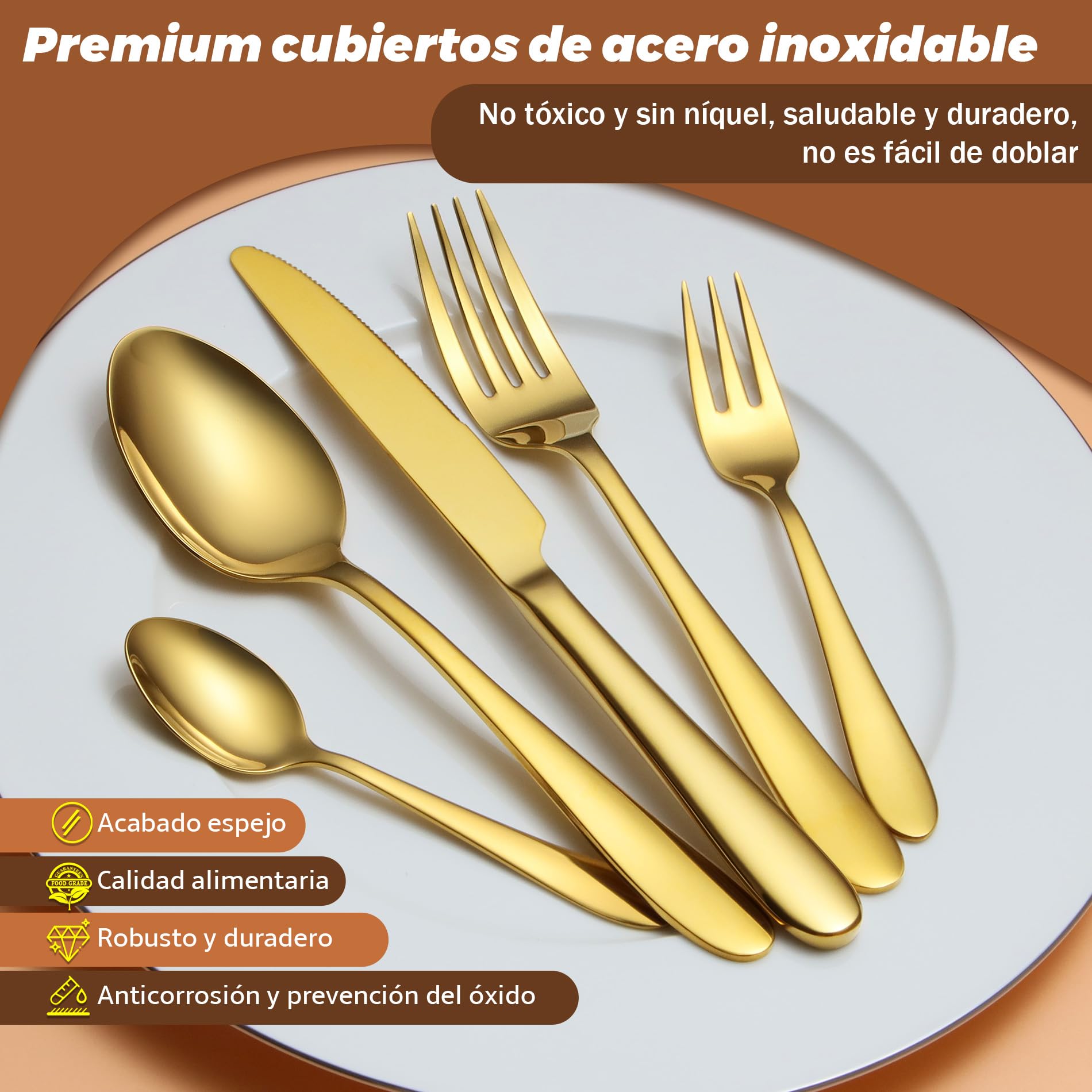 cuberterias dorados completas 6 personas, juego de cubiertos | 30 piezas, acabado espejo, dorada, premium cubiertos acero inoxidable, cuchillo cuchara tenedor, familia/fiesta/hotel