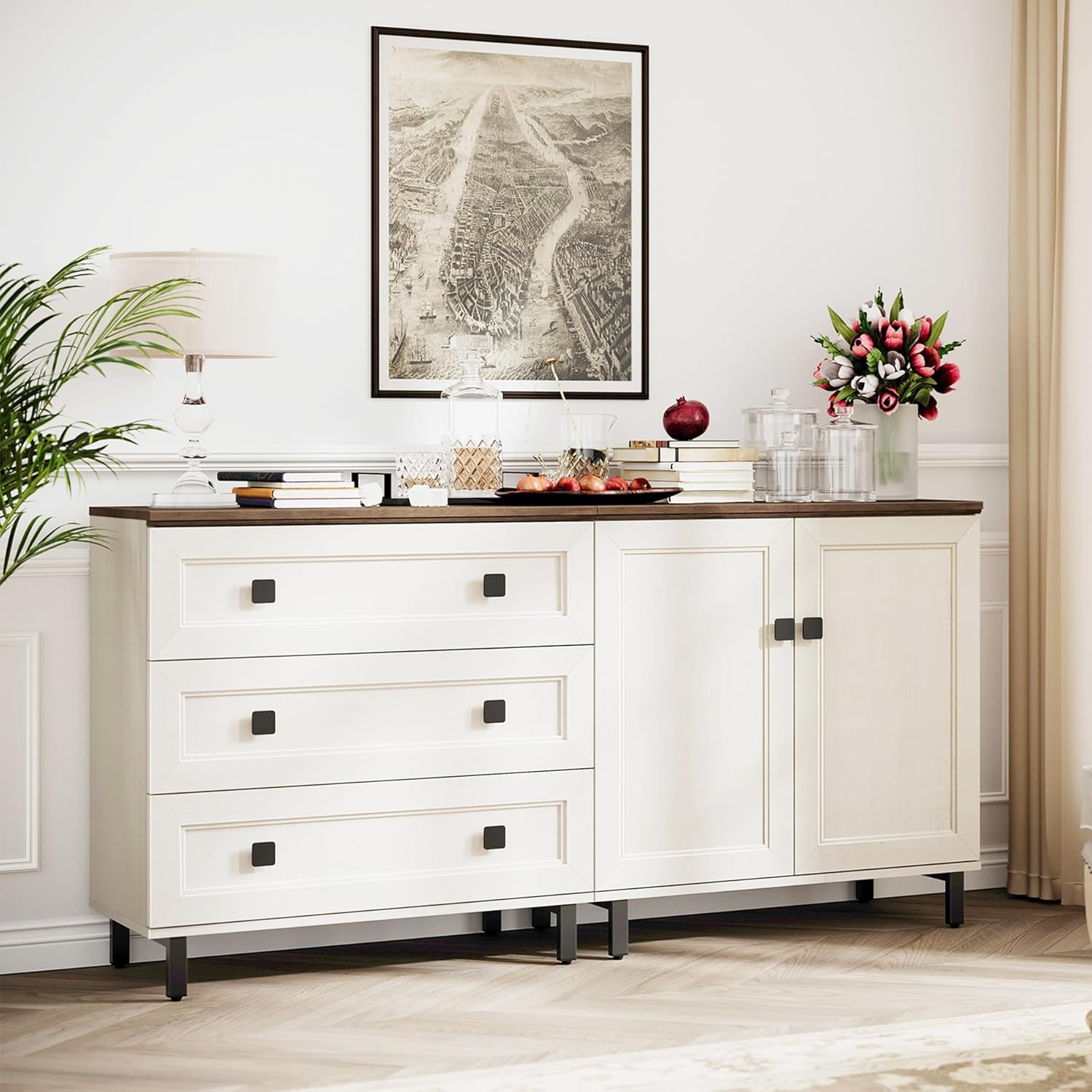 2 in 1 Dresser TV Stand for up to 65 inch TVs with 3 Drawers and Adjustable Shelf Farmhouse TV Cabinet with Spacious Storage for,Livingroom Bedroom