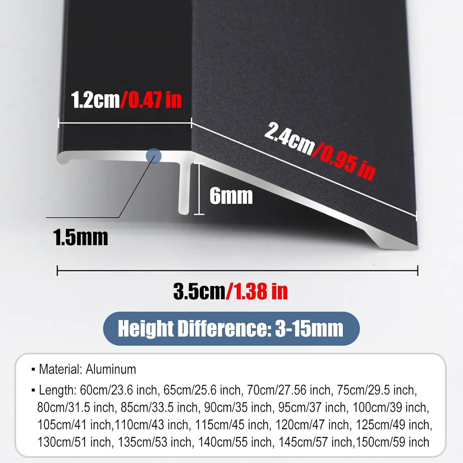 Doorway Floor Transition Strip Carpet to Wood, Entry Ramps for Home Stair Steps, 3.5cm Wide Aluminum Thresholds Reducer (Black Length 70cm)