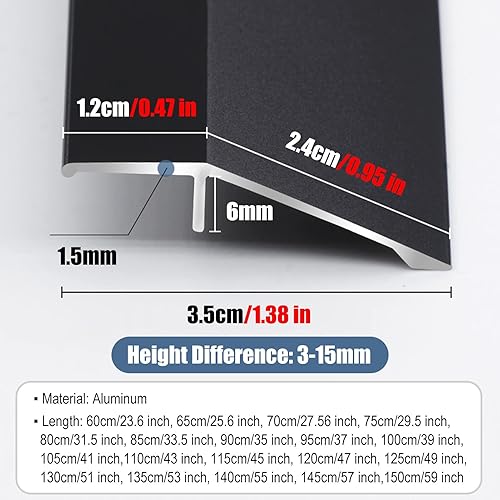 Miniatura 2 de Tira de transición de piso de puerta a madera, rampas de entrada para escalones de escaleras del hogar, reductor de umbrales de aluminio de 1.4 in