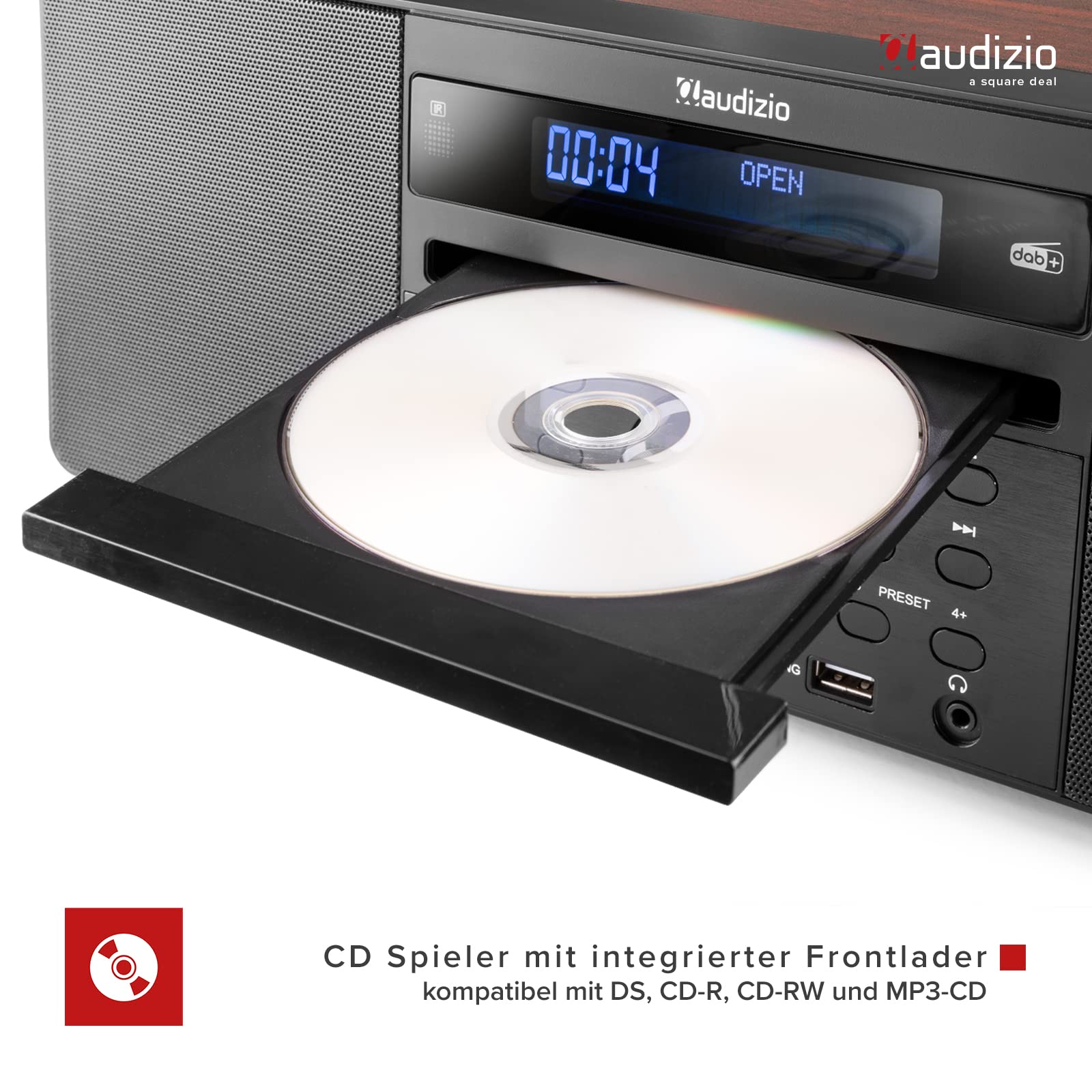 Audizio Prato - DAB Radio mit CD Player, MP3-Player, Bluetooth Radio, USB, DAB+, FM-UKW, Fernbedienung, Sleeptimer, Kompaktanlage mit Weckfunktion, Braun