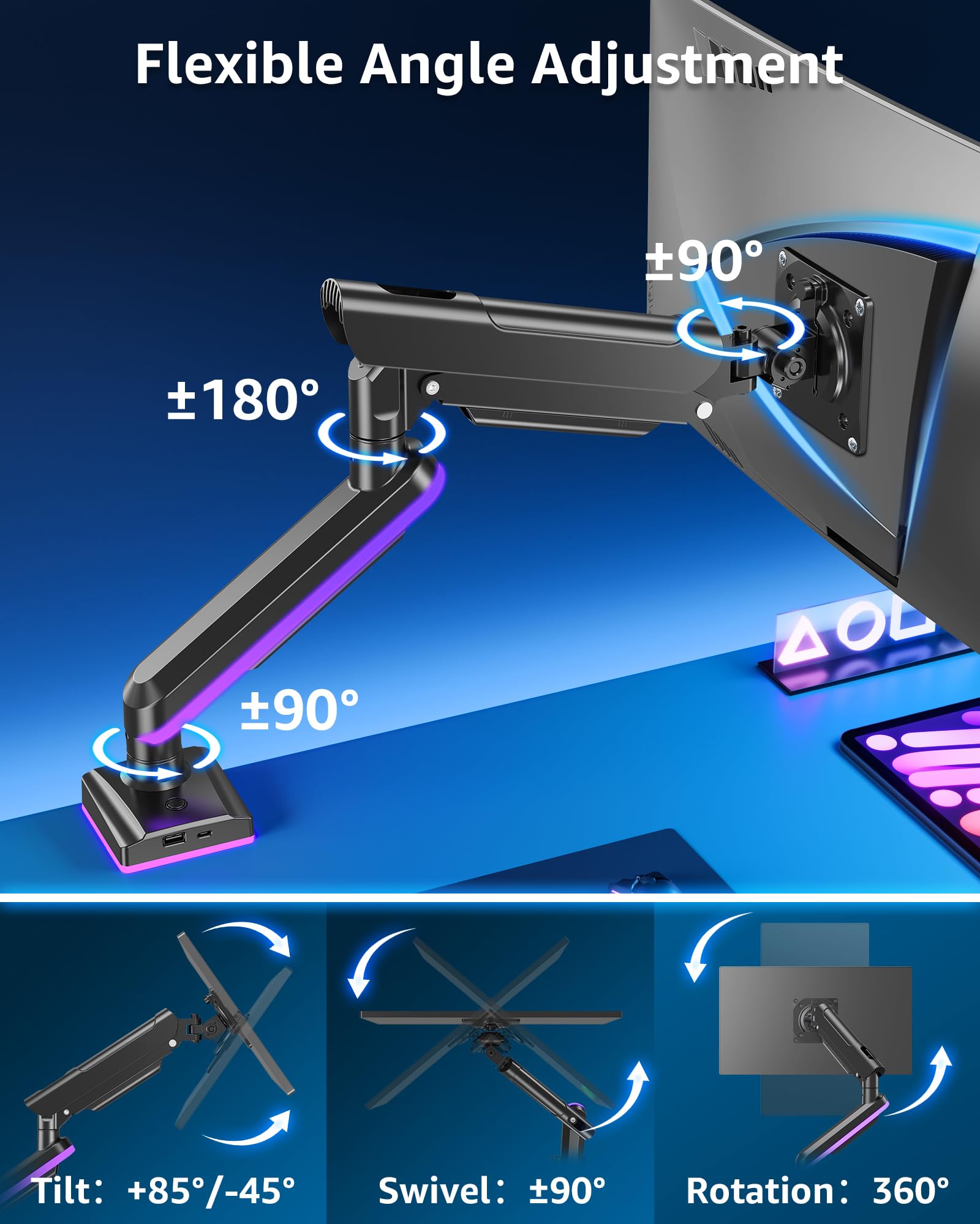 MOUNTUP Braccio singolo per monitor RGB adatto a 32 27 24 22 pollici, supporta schermi da 2 a 10 kg, supporto per monitor per scrivania con luci RGB, 19 modalità, supporto da scrivania per monitor per