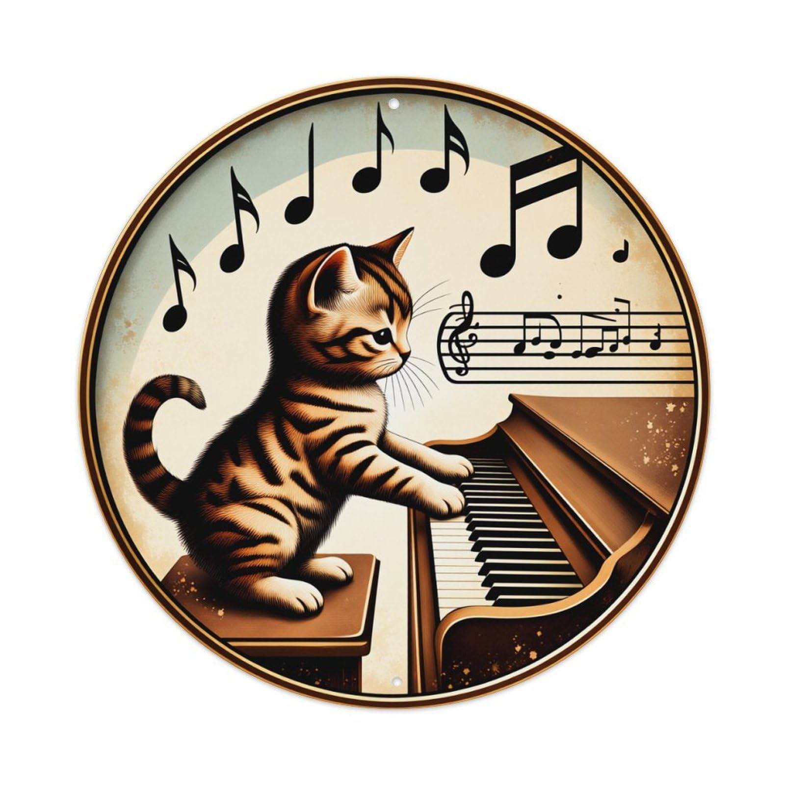 Cute Kitten Playing Piano Music Round Tin Sign Vintage Metal Poster Retro Bar, Home, Man Cave, Kitchen, Laundry Room Wall Art Decor Gift 8x8Inch