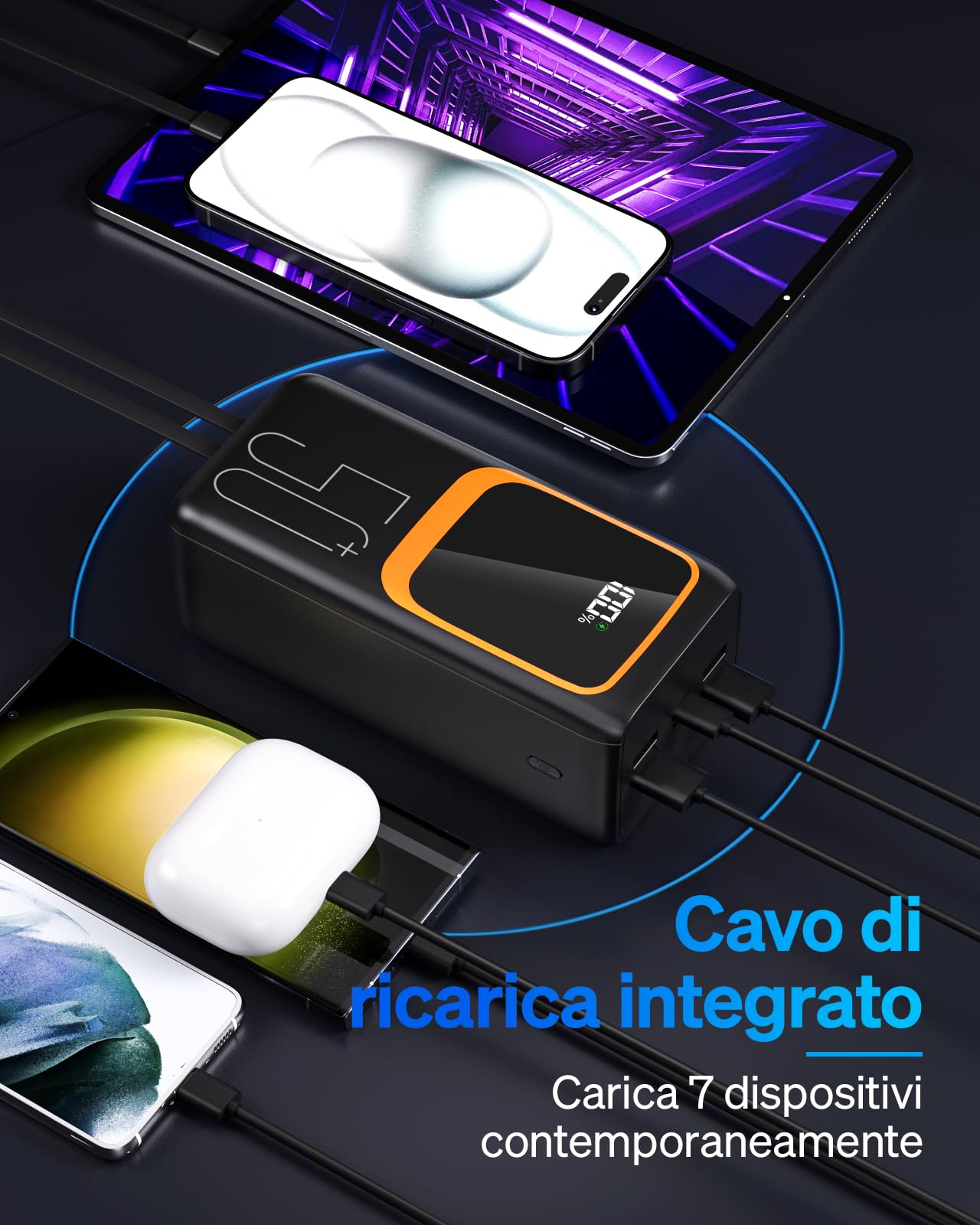 Power Bank Powelephant da 50000 mAh con cavo integrato: batteria esterna a ricarica rapida da 22,5 W con grande capacità, caricabatterie portatile con torcia LED e 7 uscite e 3 ingressi-Nero